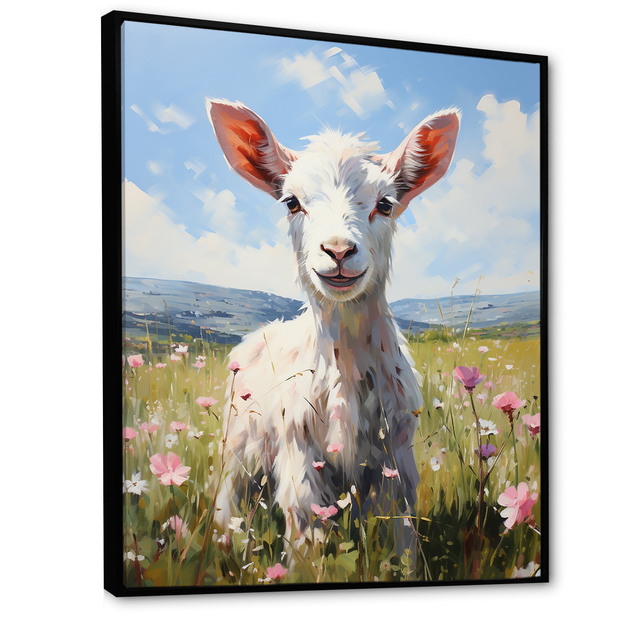 Cute goat in the floral meadows - White Goat Wall Art