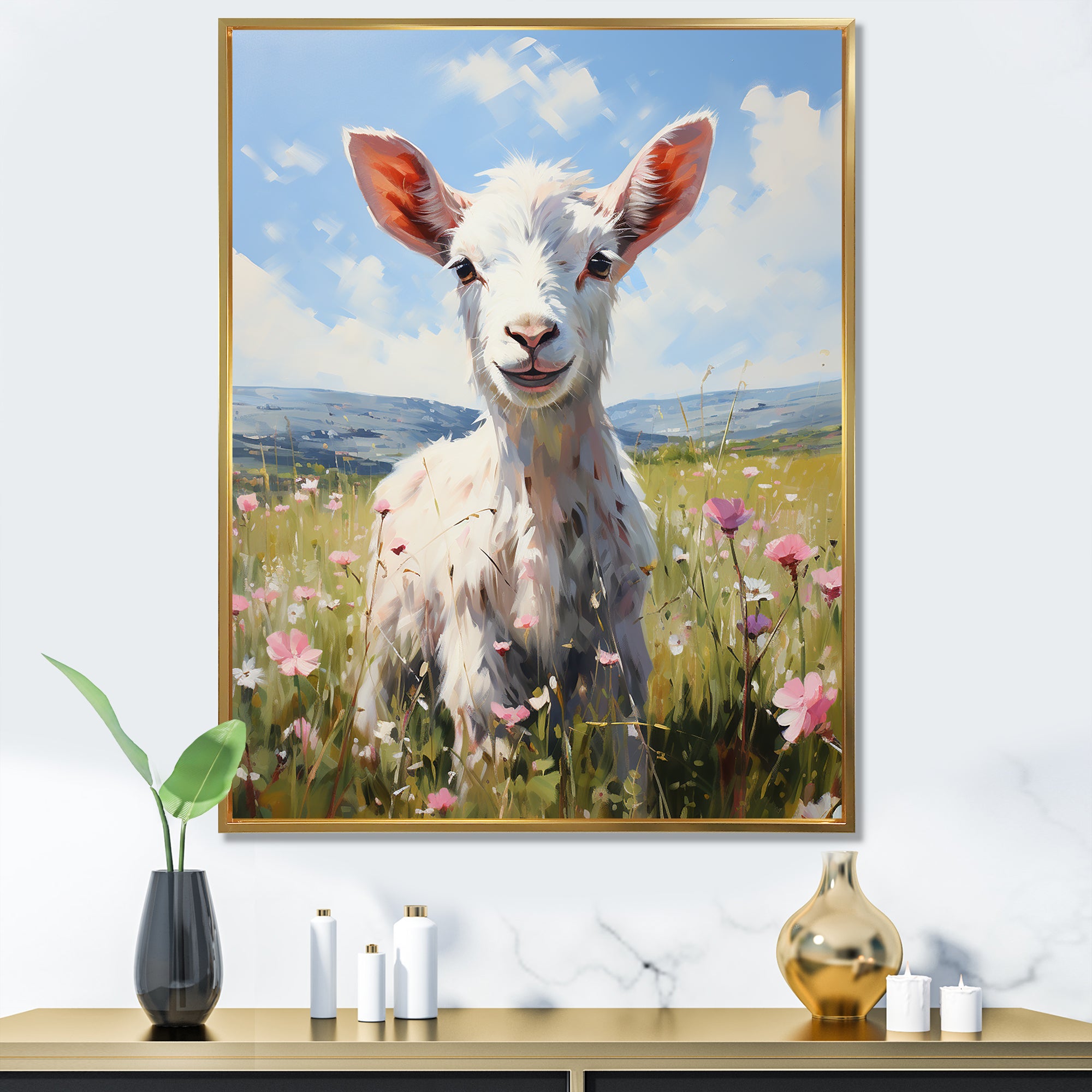 Cute goat in the floral meadows - White Goat Wall Art