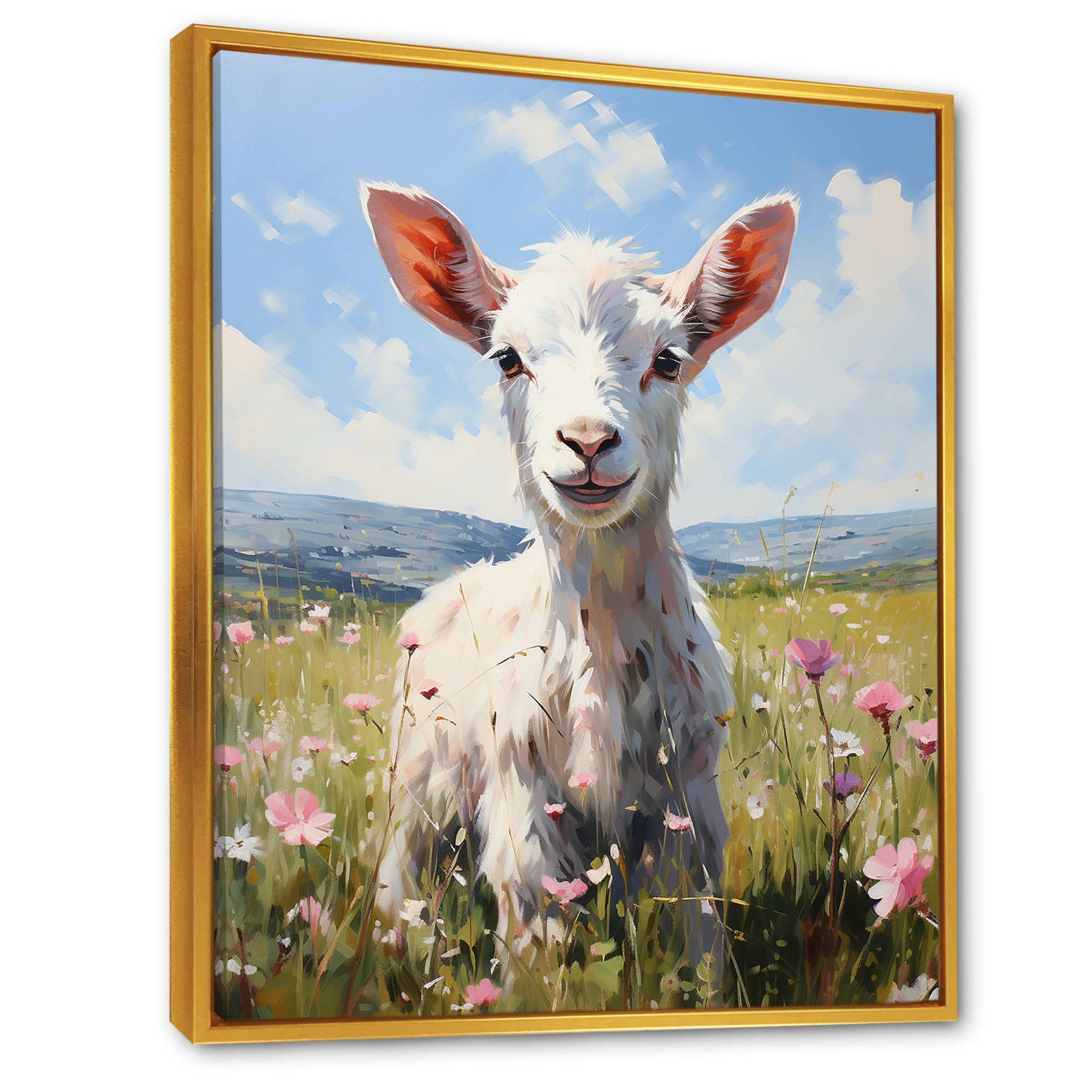 Cute goat in the floral meadows - White Goat Wall Art