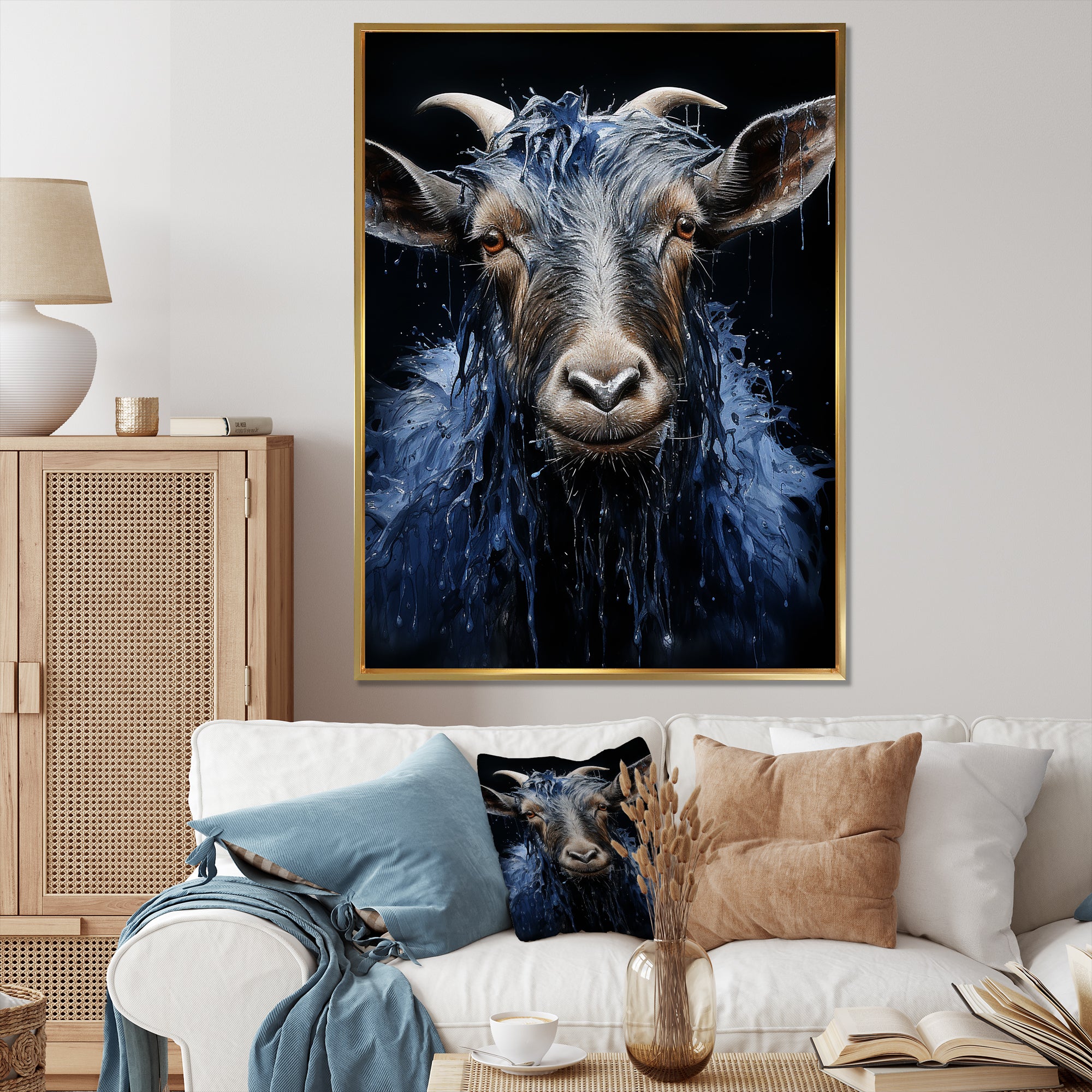 Blue celestial goat portrait - Goat Home Decor Art