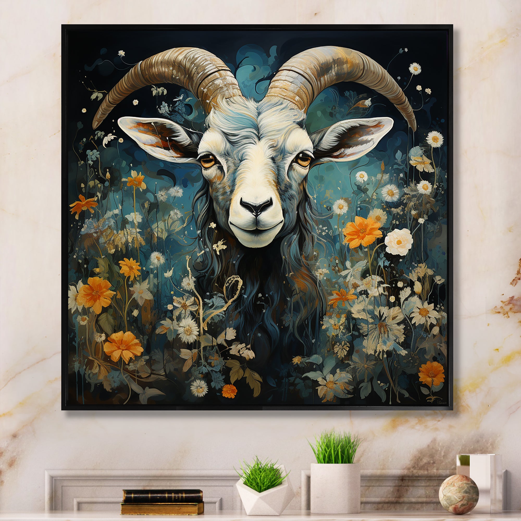 Blue and yellow goat blooms - Goat Living Room Wall Art