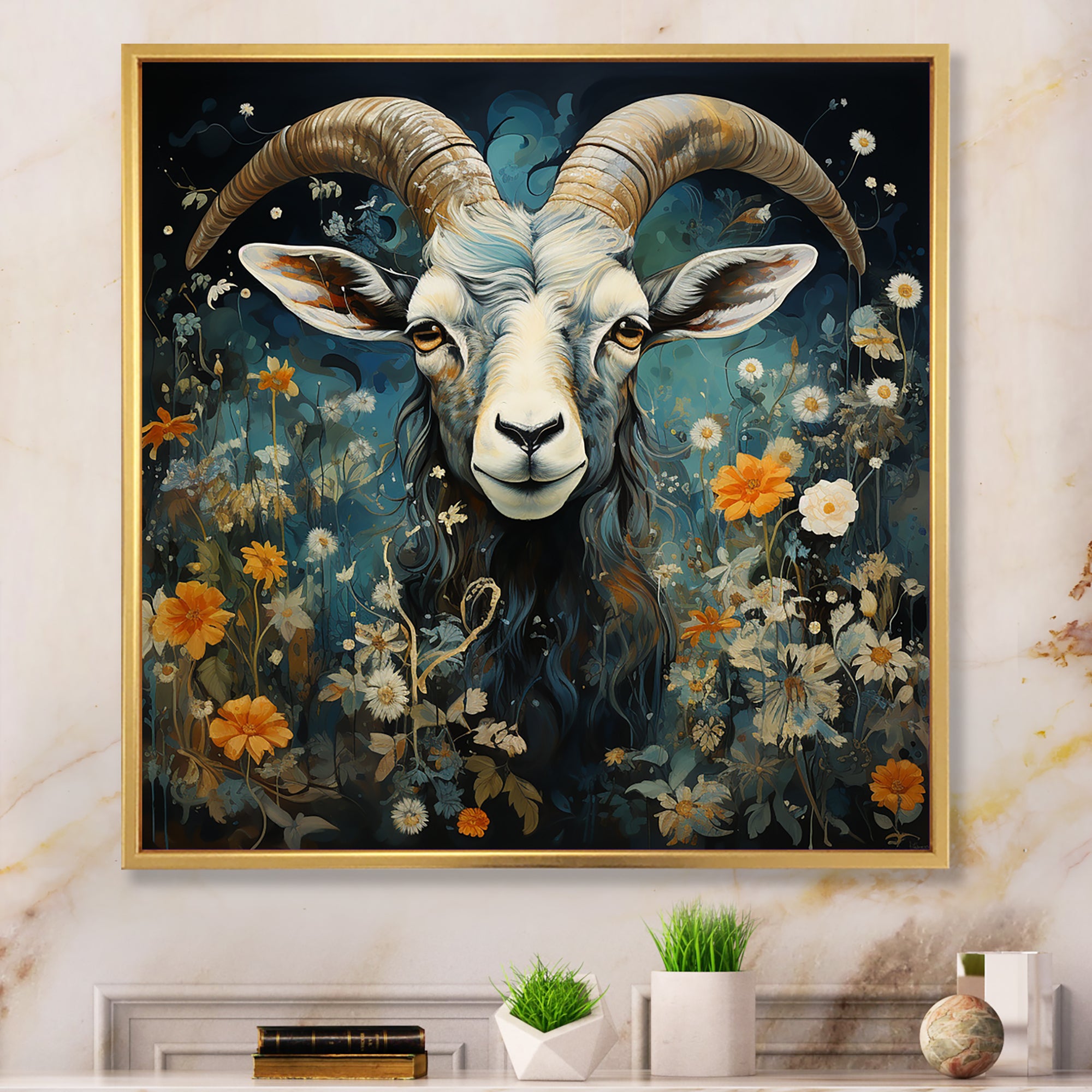 Blue and yellow goat blooms - Goat Living Room Wall Art