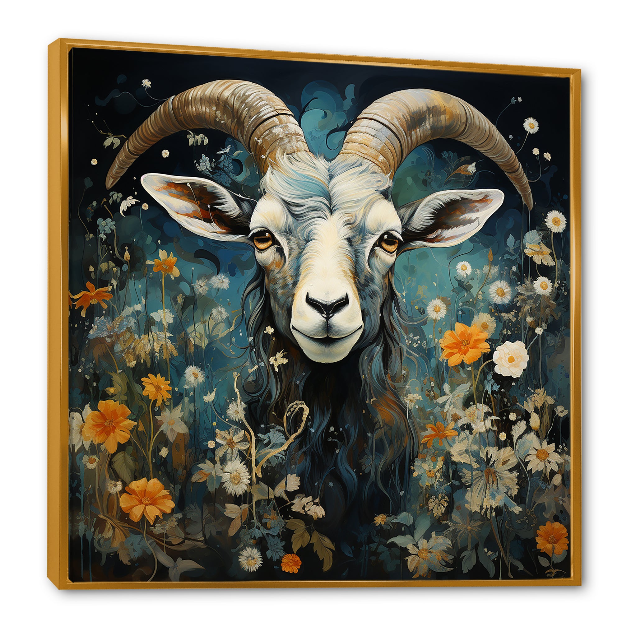 Blue and yellow goat blooms - Goat Living Room Wall Art