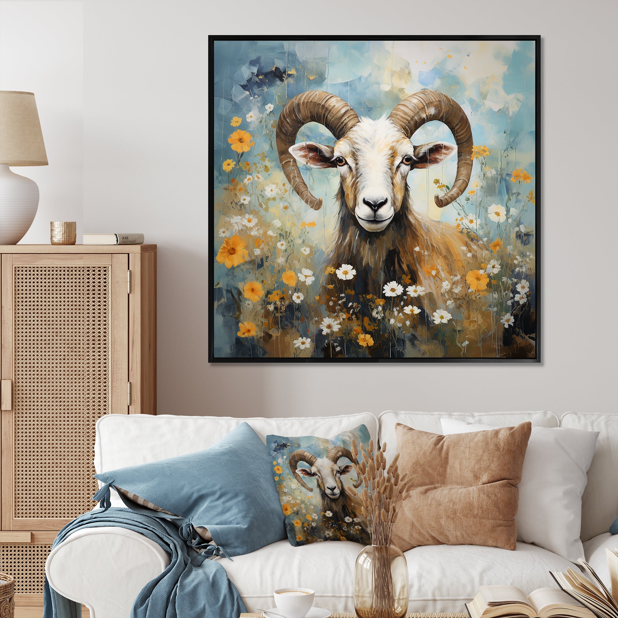 Yellow goat blooms in meadow flowers - Goat Canvas Wall Art