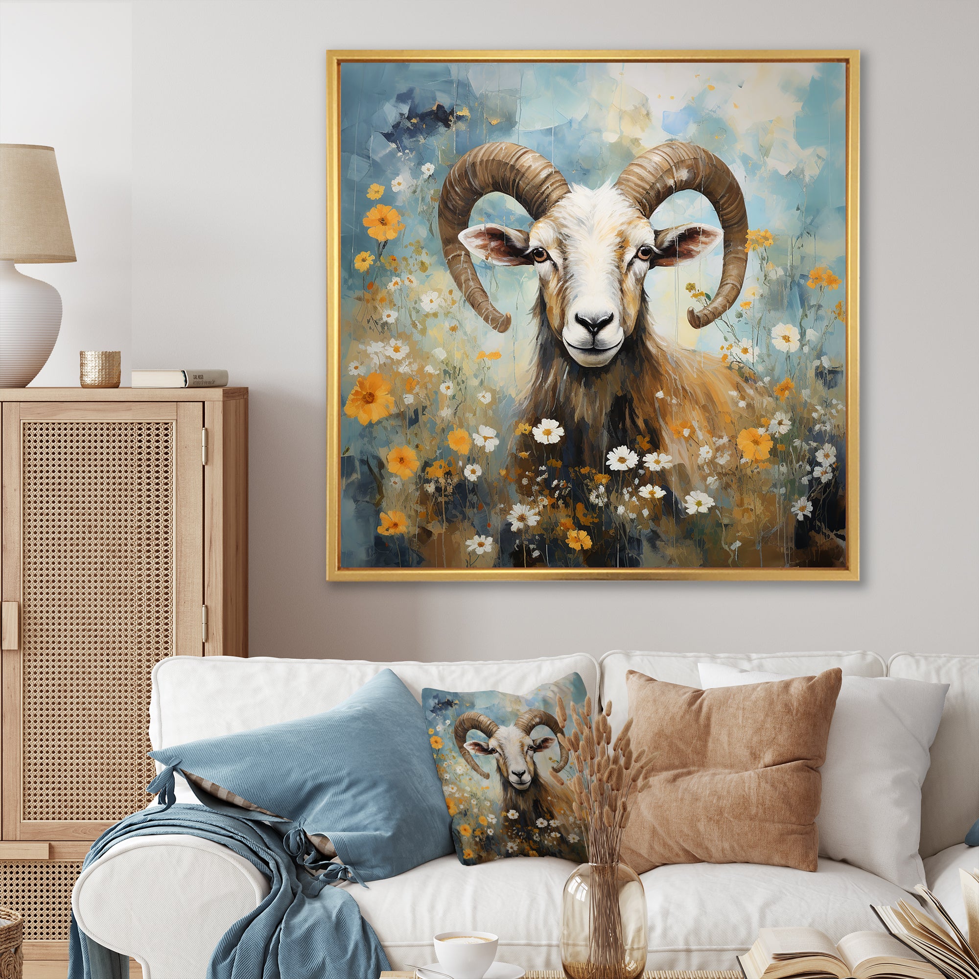 Yellow goat blooms in meadow flowers - Goat Canvas Wall Art