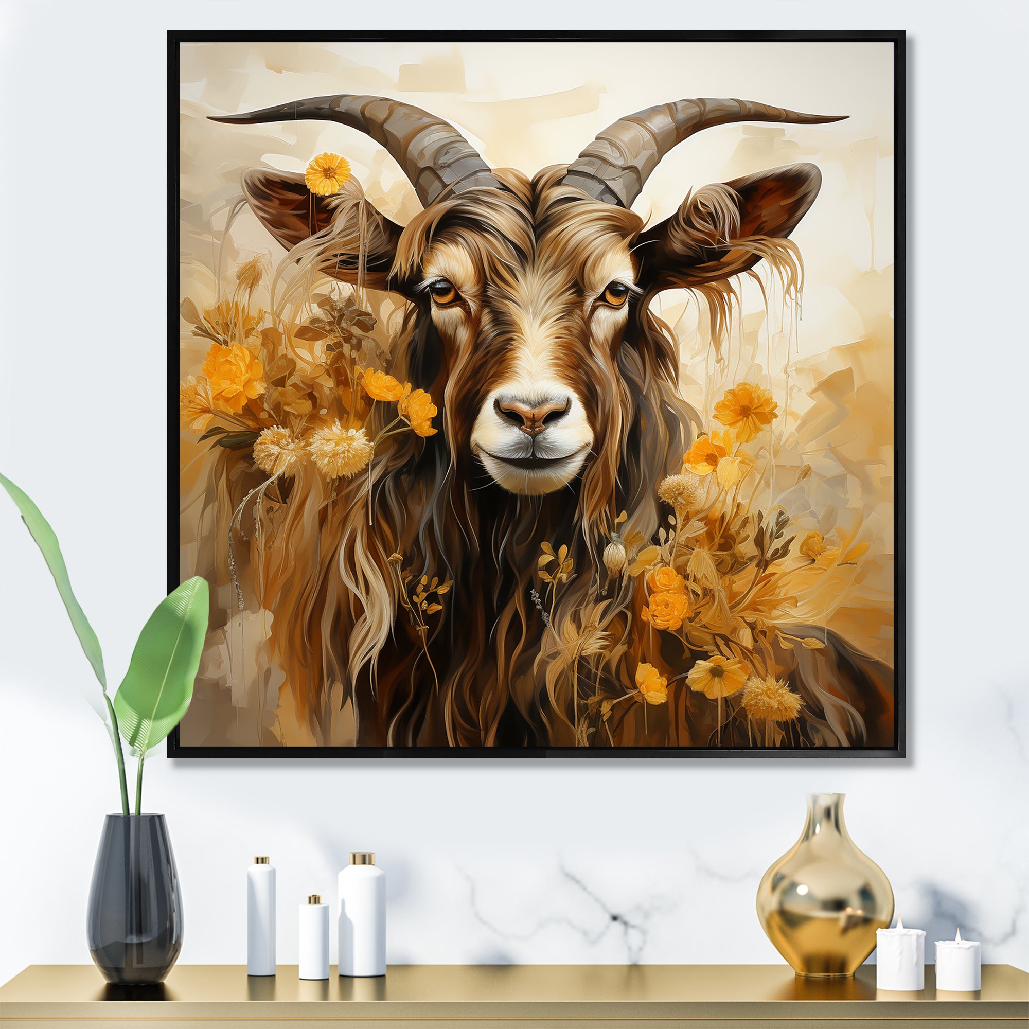 Yellow and brown Goat floral meadow - Goat Living Room Wall Art