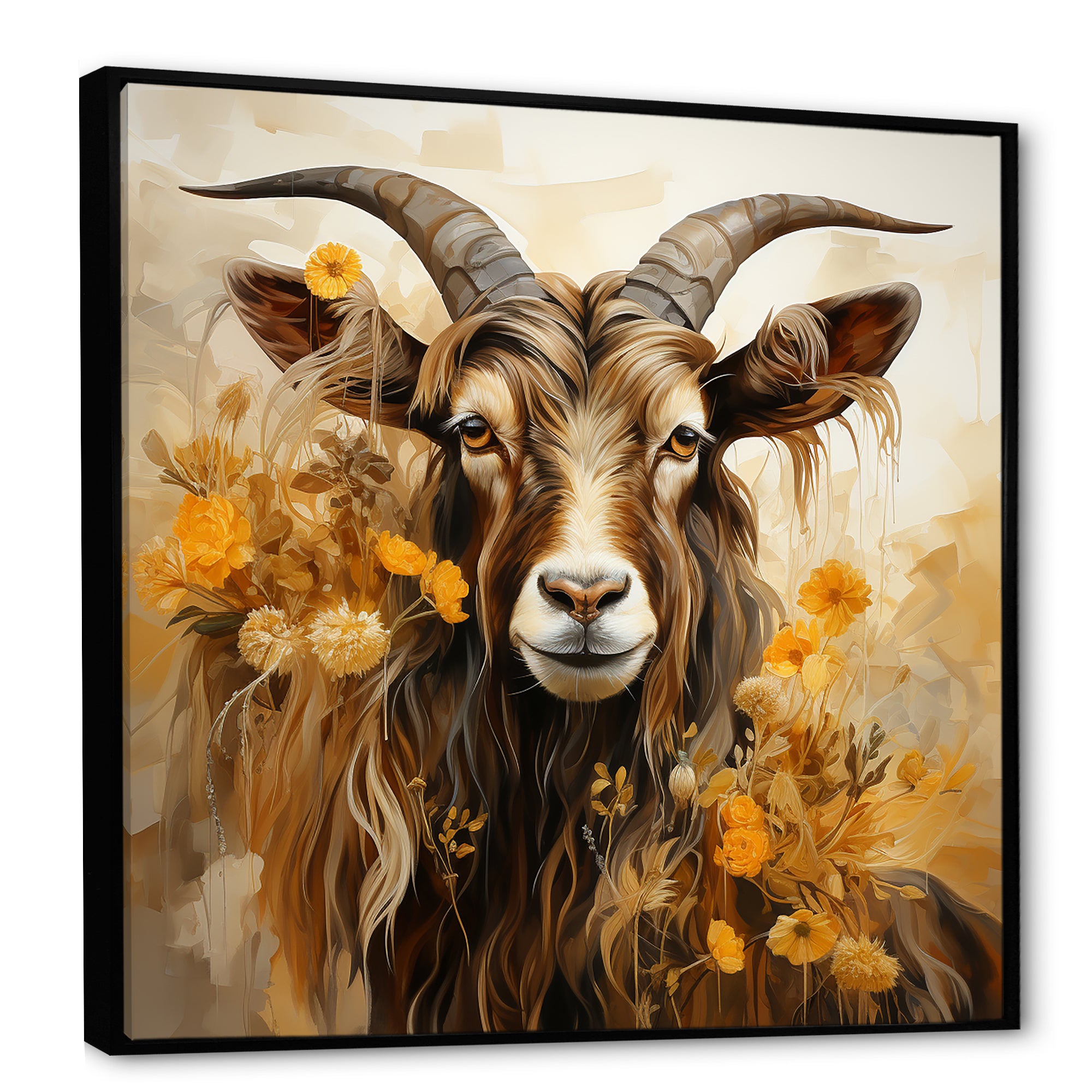 Yellow and brown Goat floral meadow - Goat Living Room Wall Art