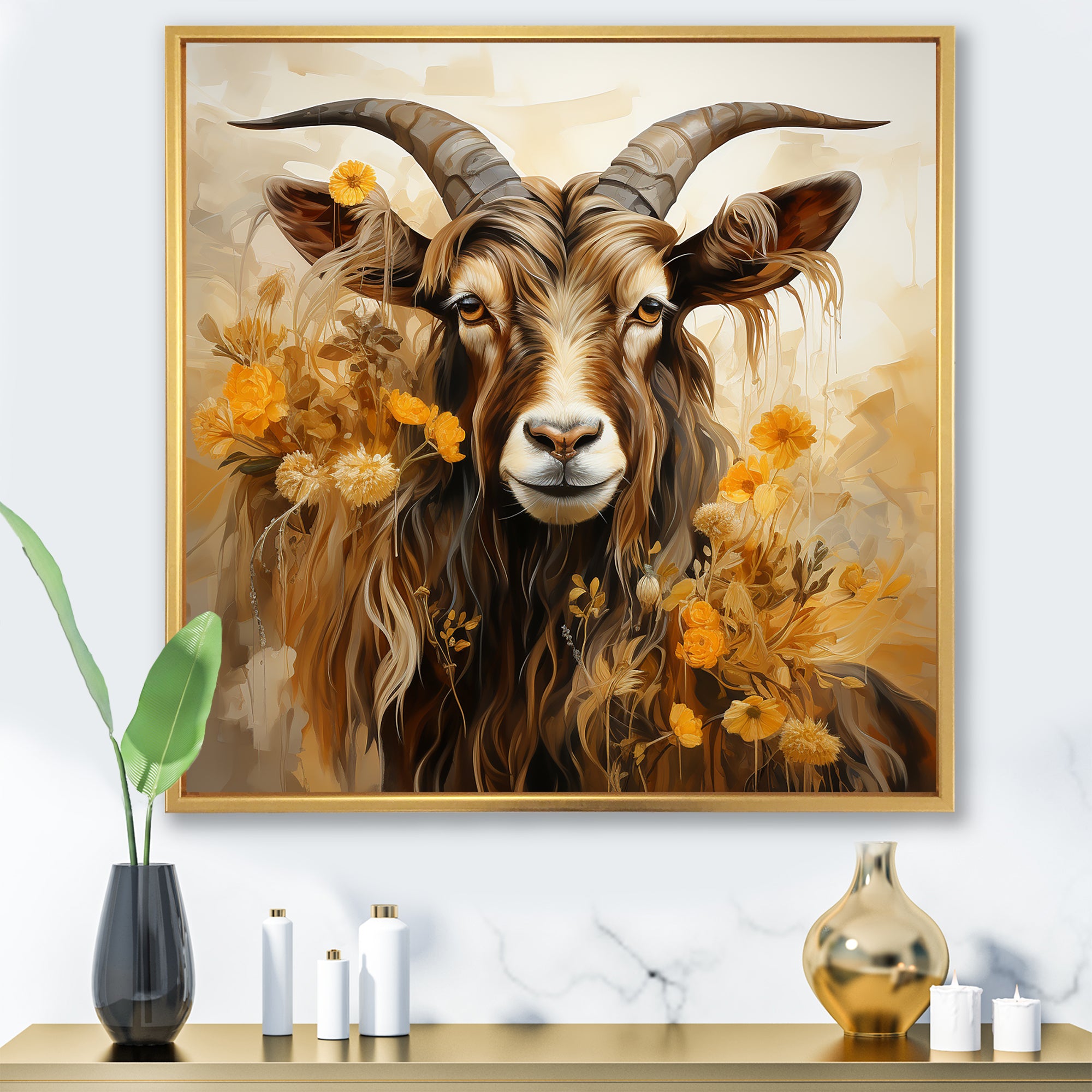 Yellow and brown Goat floral meadow - Goat Living Room Wall Art