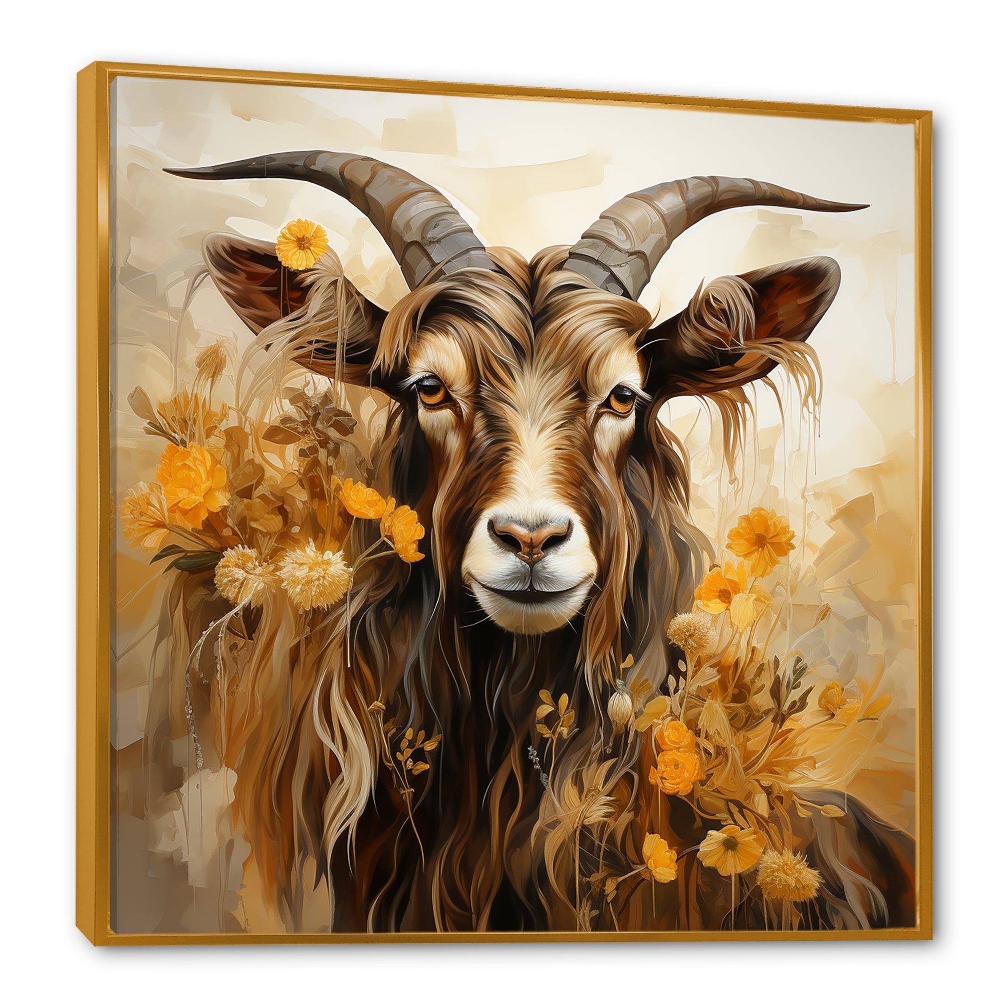 Yellow and brown Goat floral meadow - Goat Living Room Wall Art