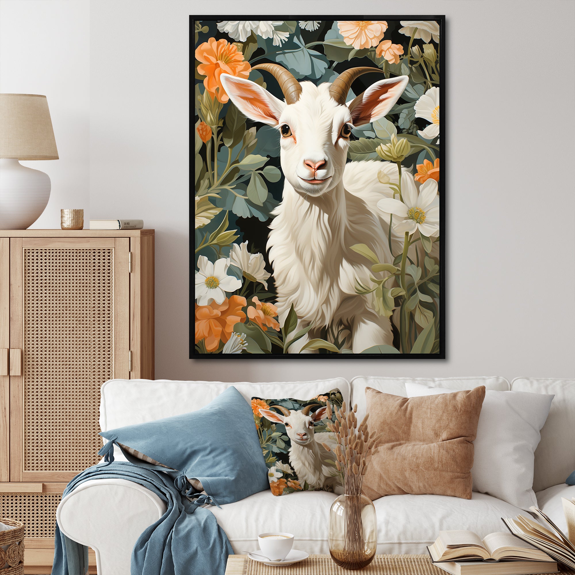 White goat portrait with summer flower - Goat Canvas Wall Art