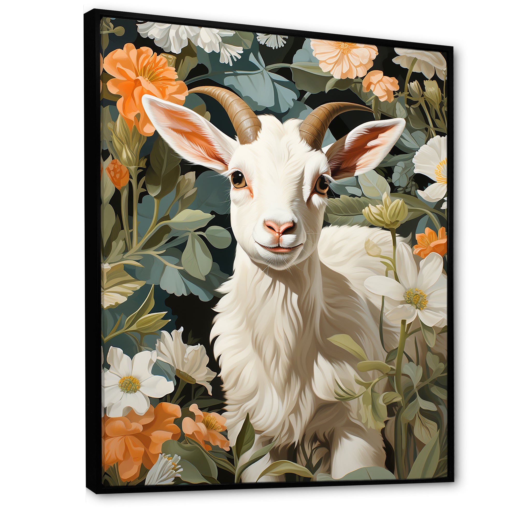White goat portrait with summer flower - Goat Canvas Wall Art