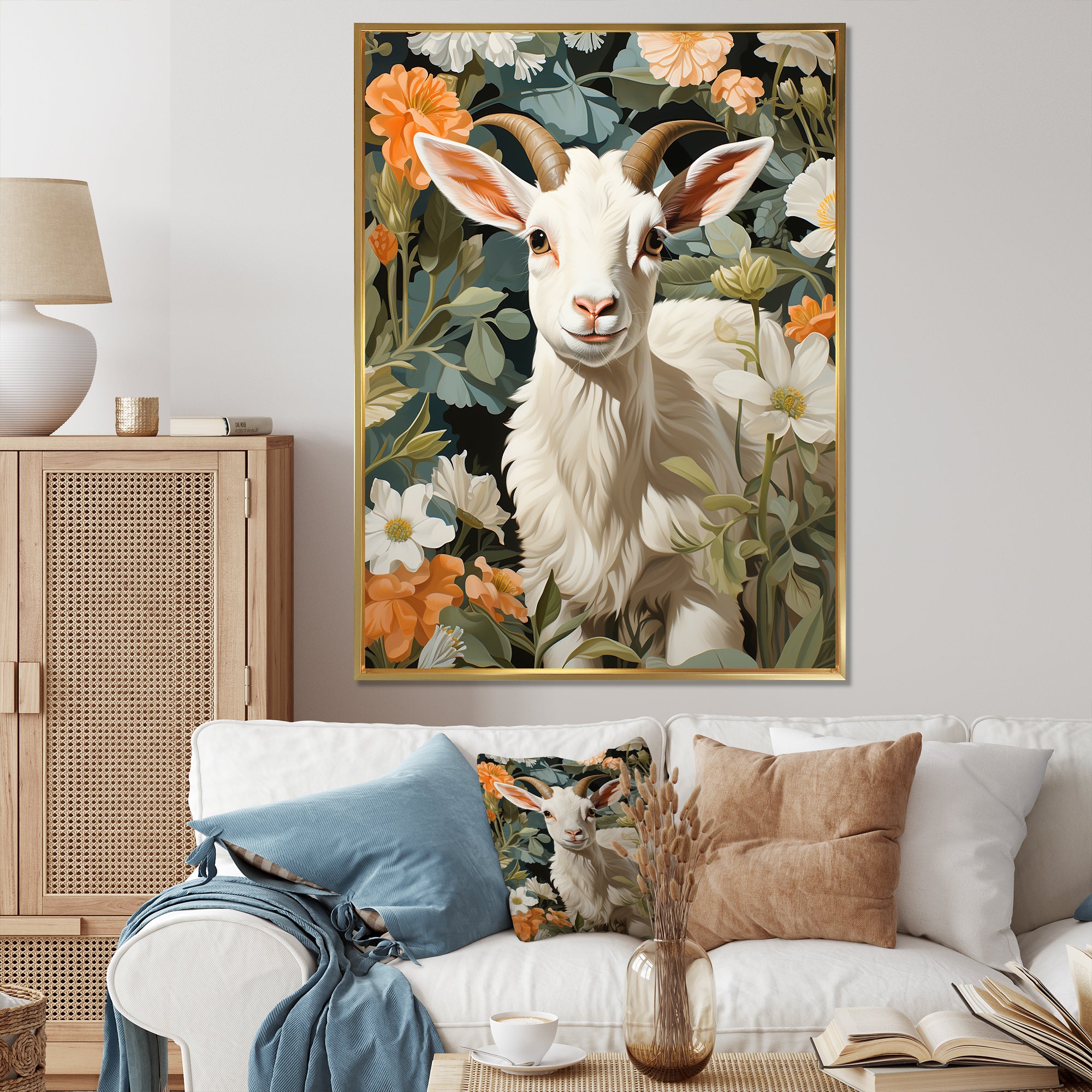 White goat portrait with summer flower - Goat Canvas Wall Art