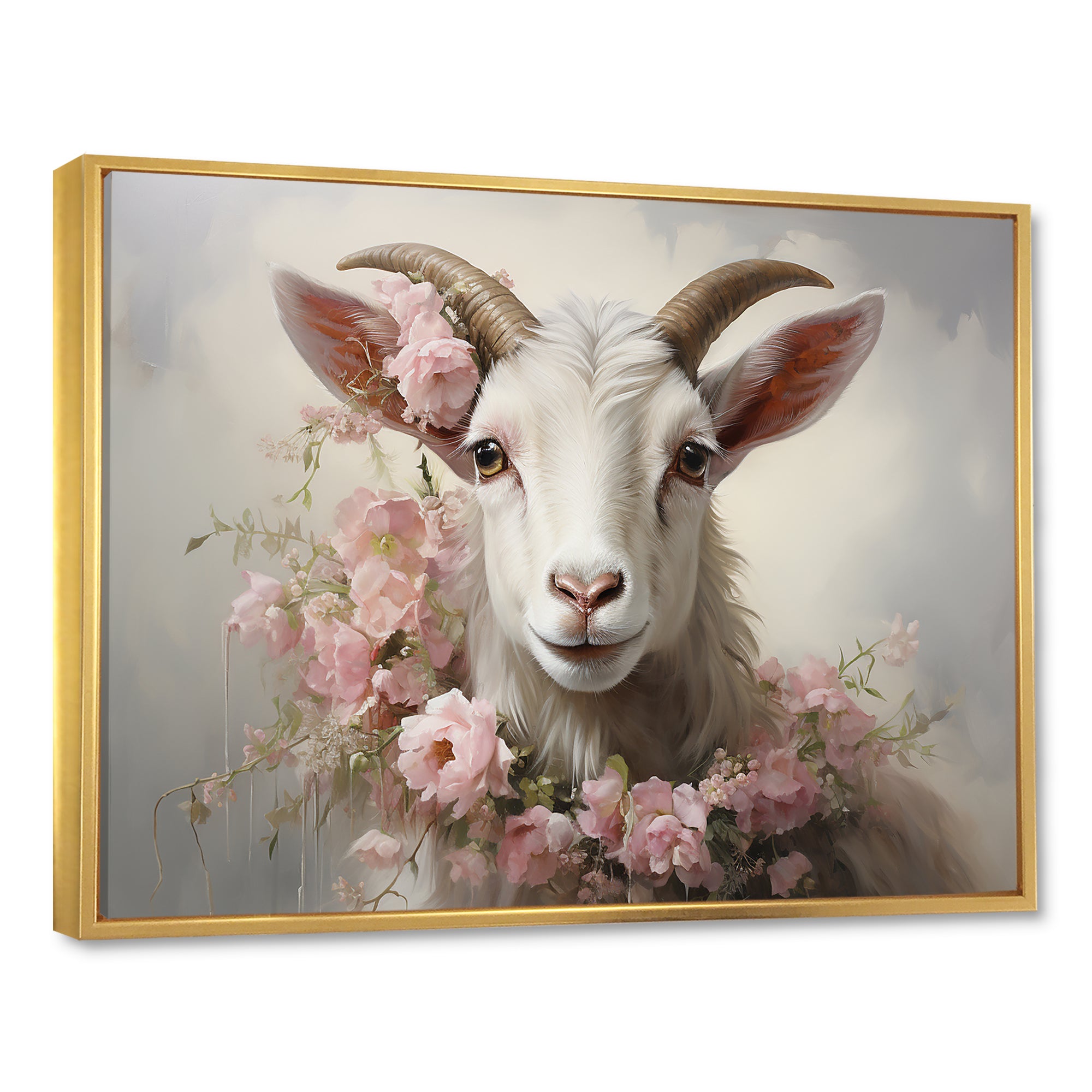 White Billy goat in pink floral Coller - Goat Canvas Wall Art