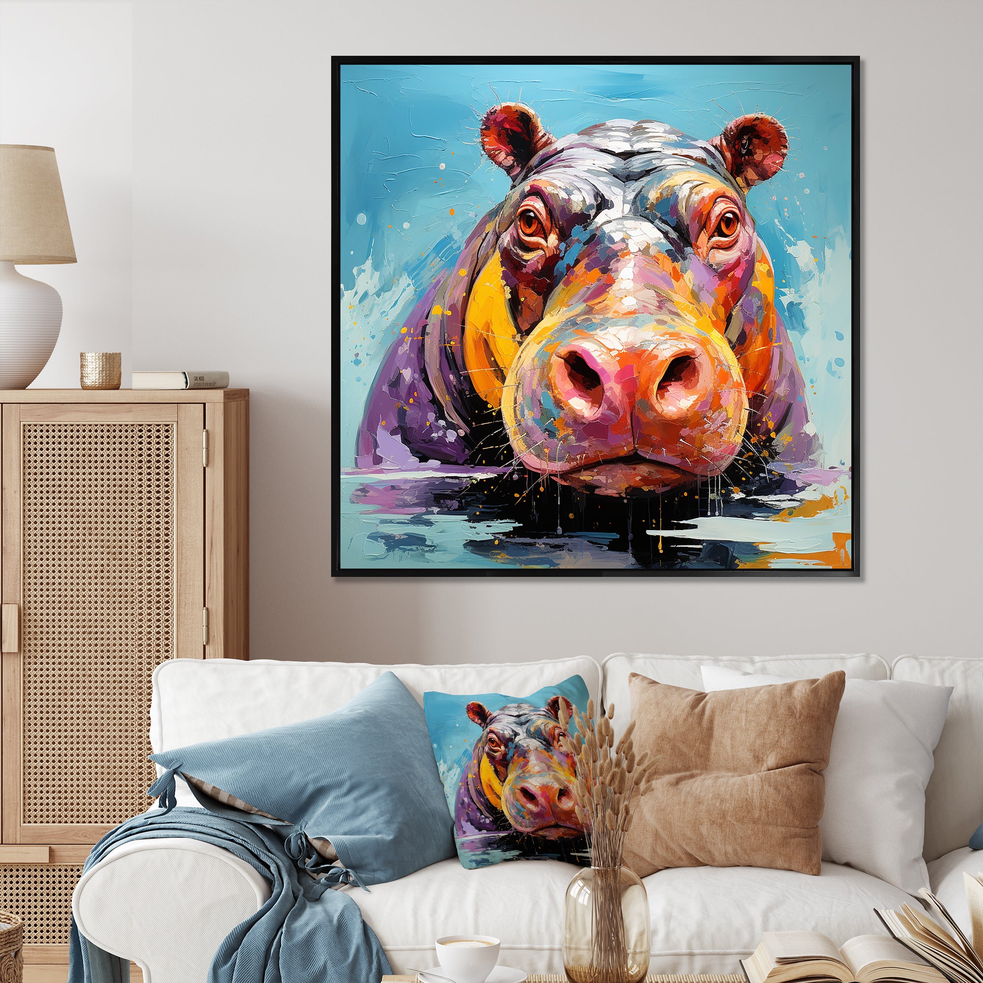 Blue Colorful Hippo harmony - Hippopotamus Framed Canvas Art