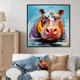 Blue Colorful Hippo harmony - Hippopotamus Framed Canvas Art