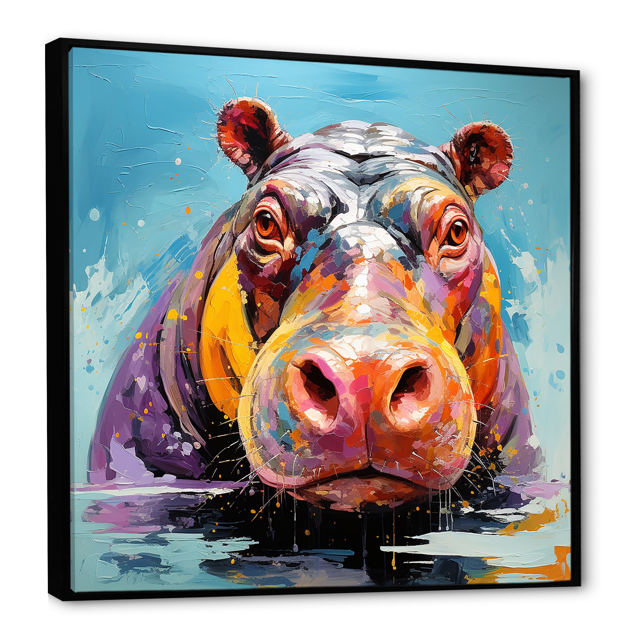 Blue Colorful Hippo harmony - Hippopotamus Framed Canvas Art