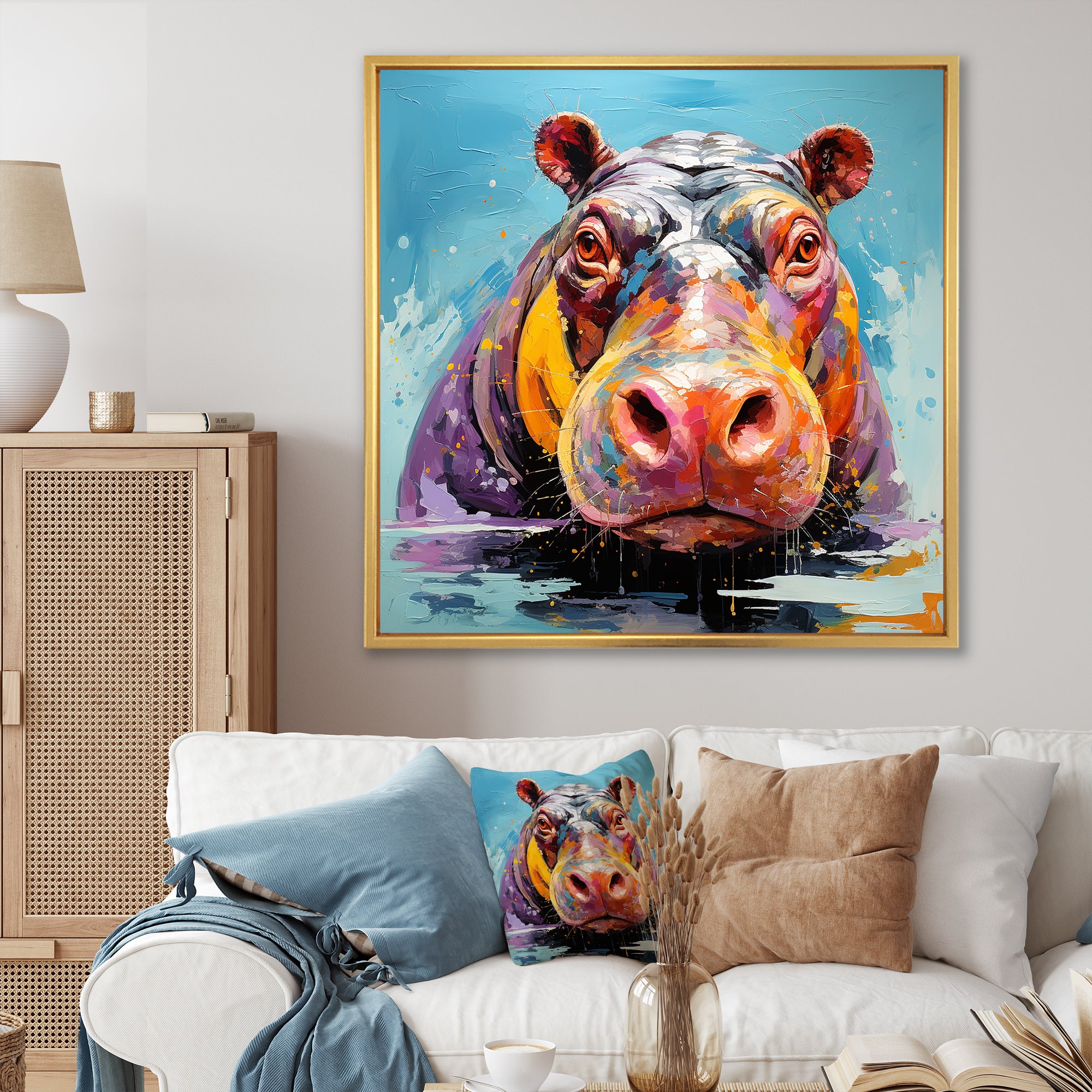 Blue Colorful Hippo harmony - Hippopotamus Framed Canvas Art