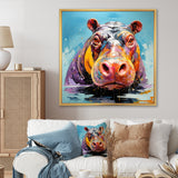 Blue Colorful Hippo harmony - Hippopotamus Framed Canvas Art