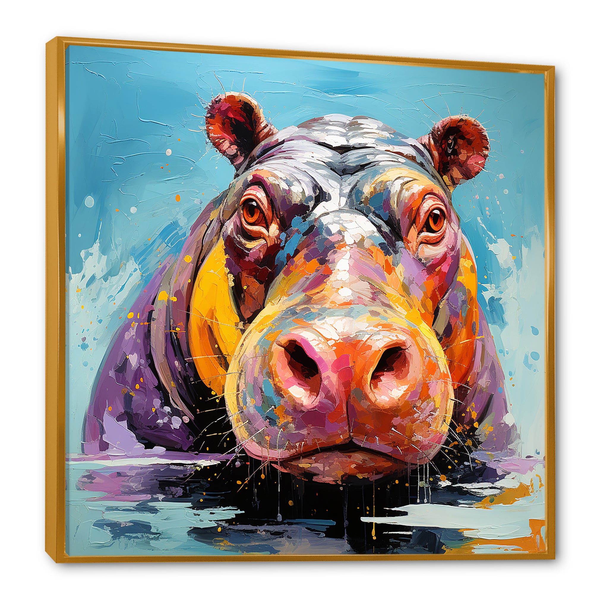 Blue Colorful Hippo harmony - Hippopotamus Framed Canvas Art