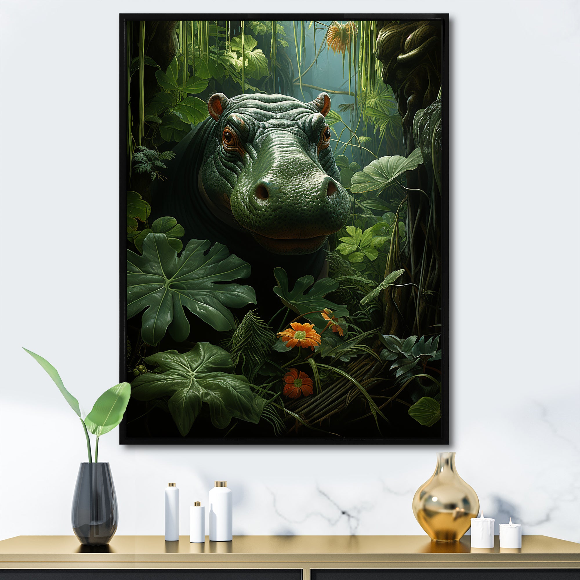 Green Vibrant Hippo Portrait - Hippopotamus Wall Art Prints
