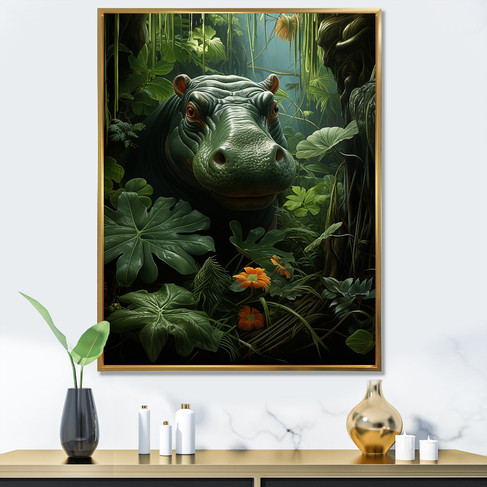 Green Vibrant Hippo Portrait - Hippopotamus Wall Art Prints