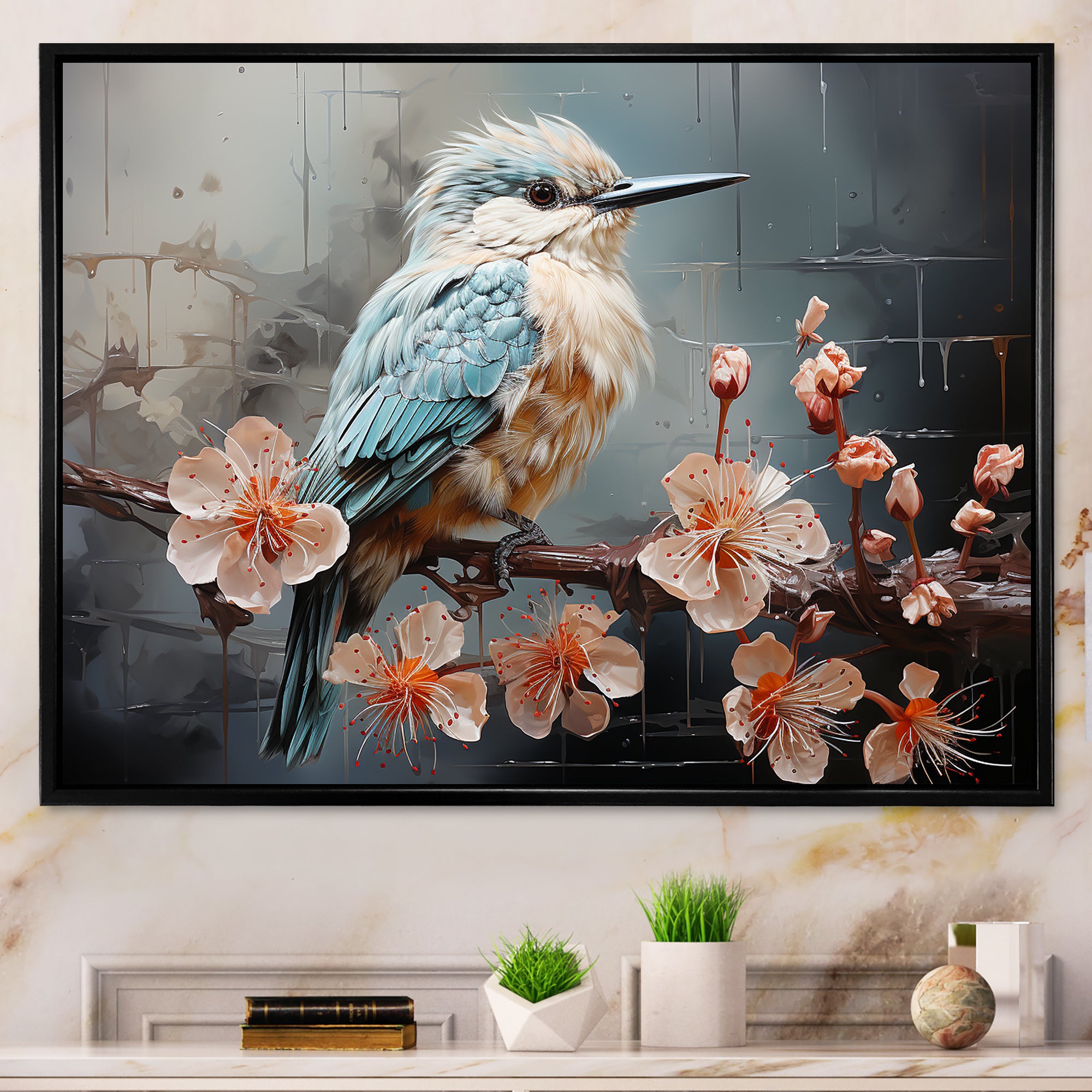 Blue floral dancing Hummingbird - Hummingbird Wall Art Prints