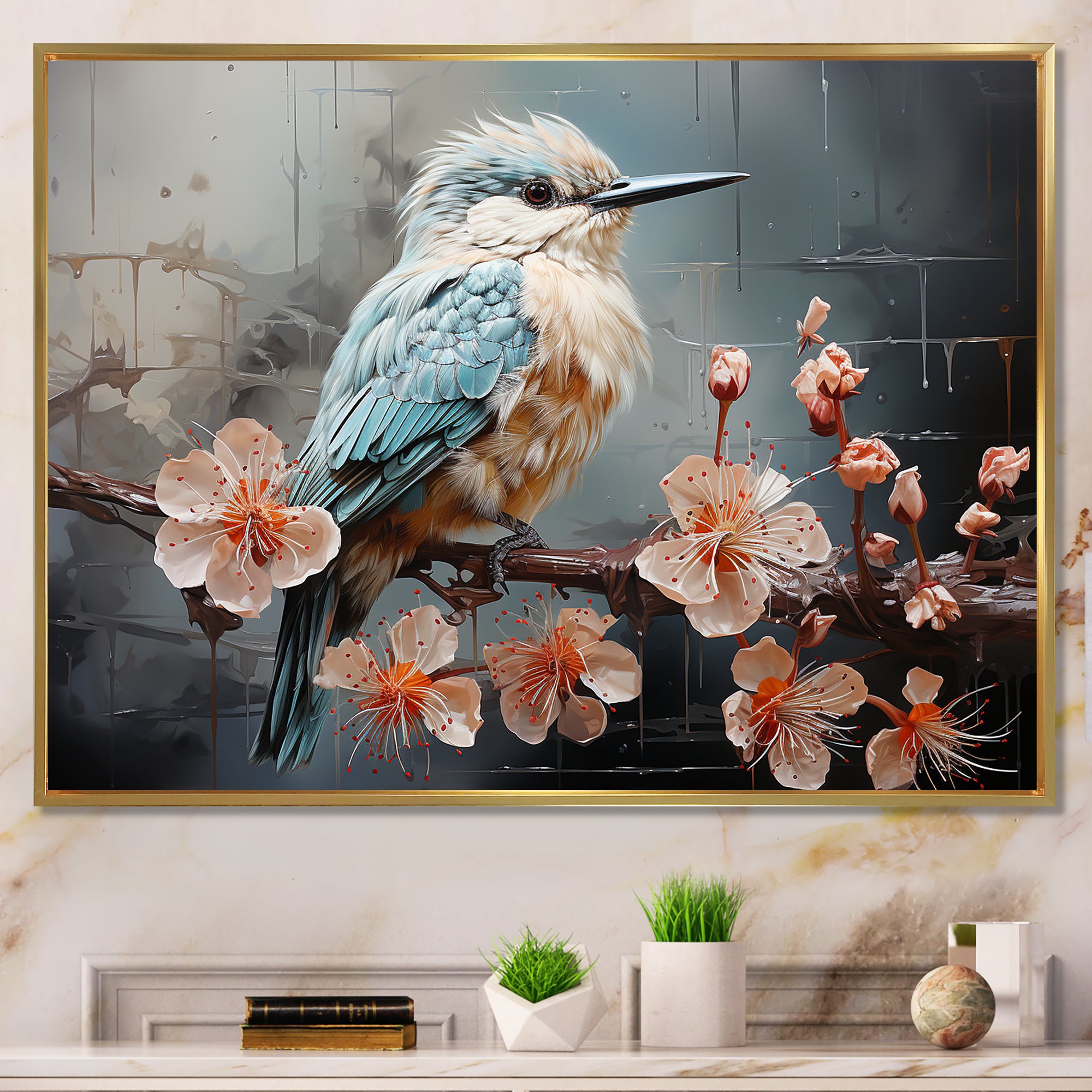 Blue floral dancing Hummingbird - Hummingbird Wall Art Prints