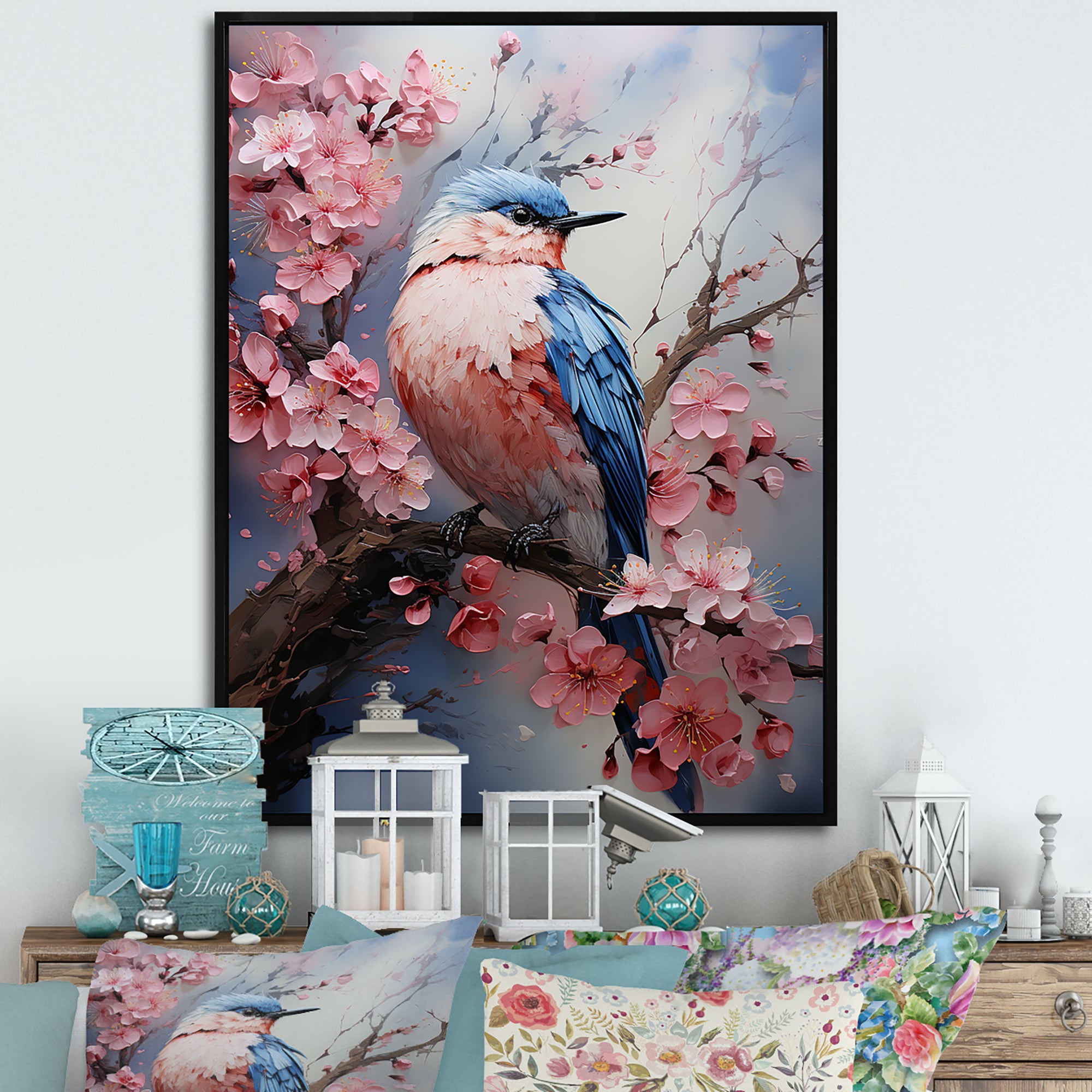 Blue bird among florals - Bird Home Decor Art