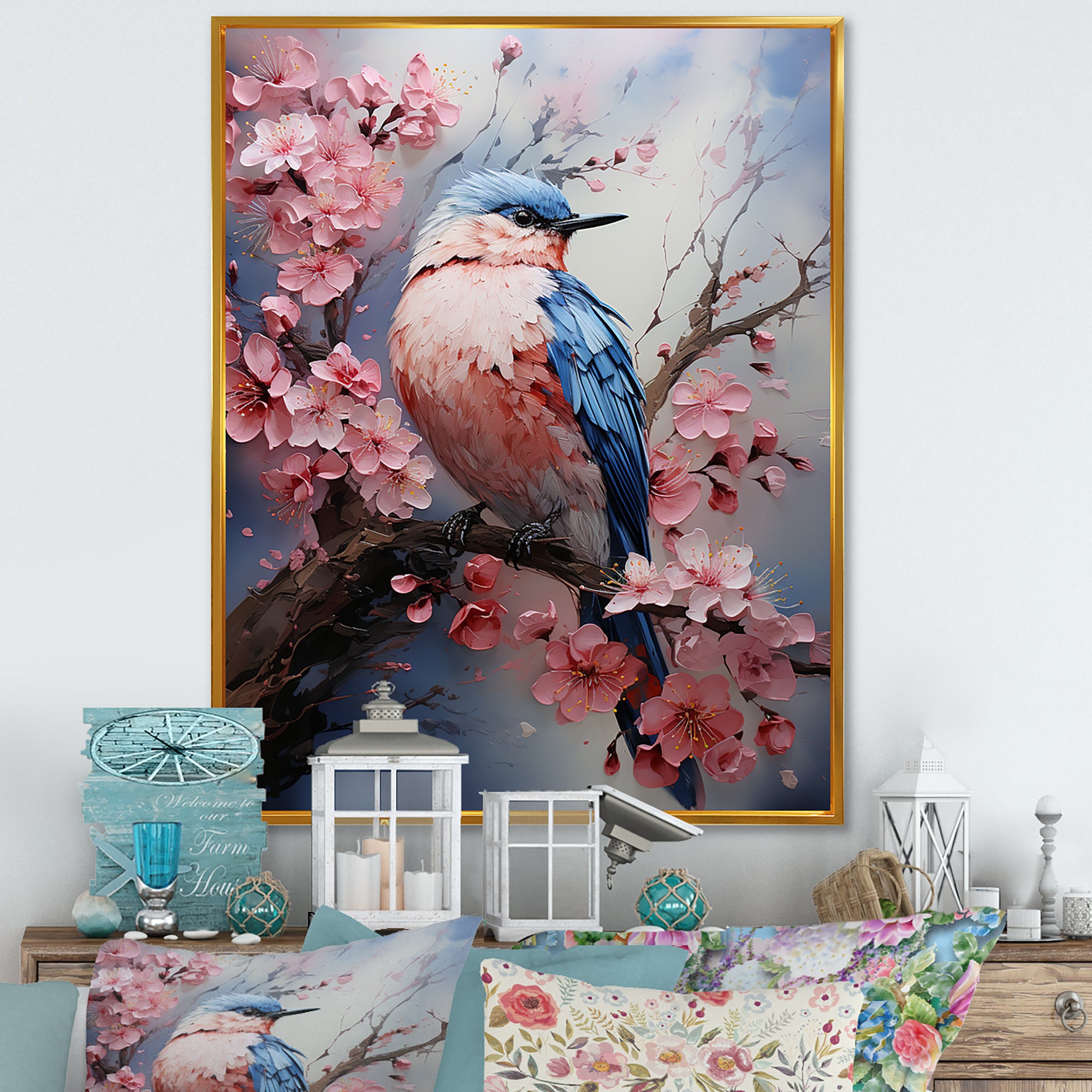 Blue bird among florals - Bird Home Decor Art