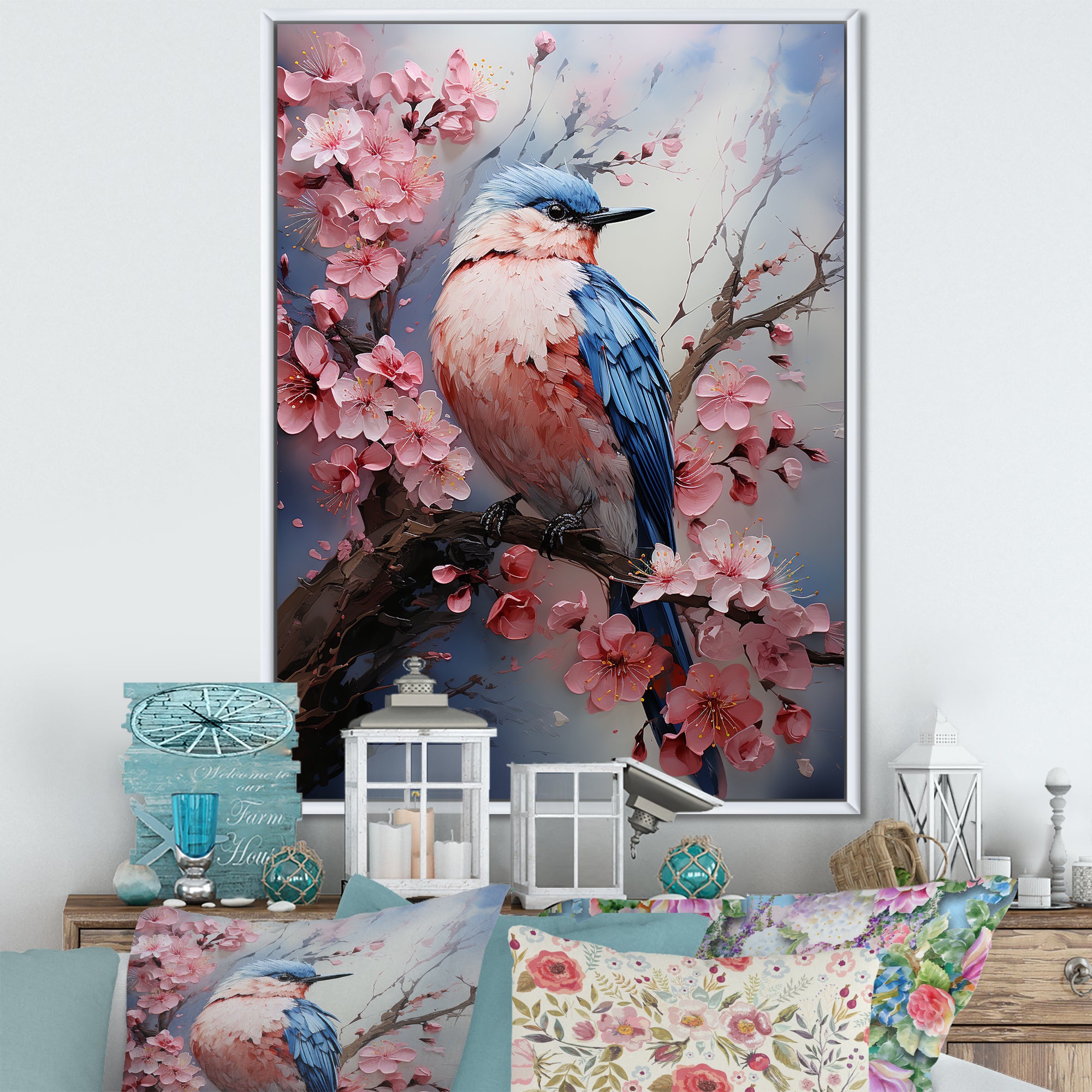 Blue bird among florals - Bird Home Decor Art