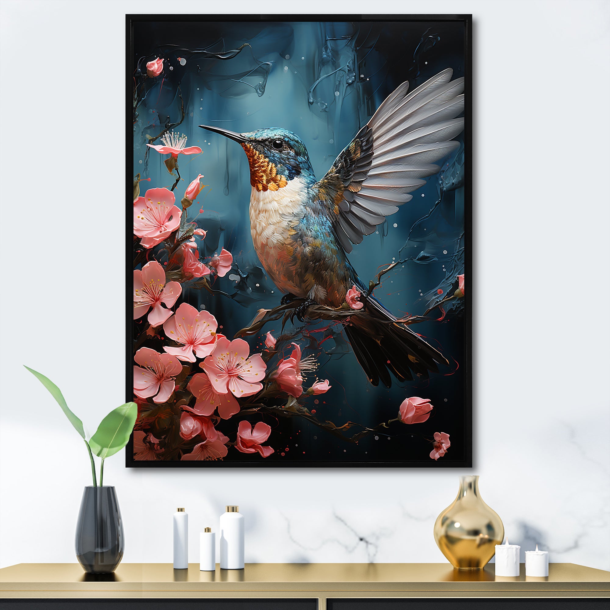 Blue Floral Flight hummingbird - Hummingbird Bedroom Wall Art