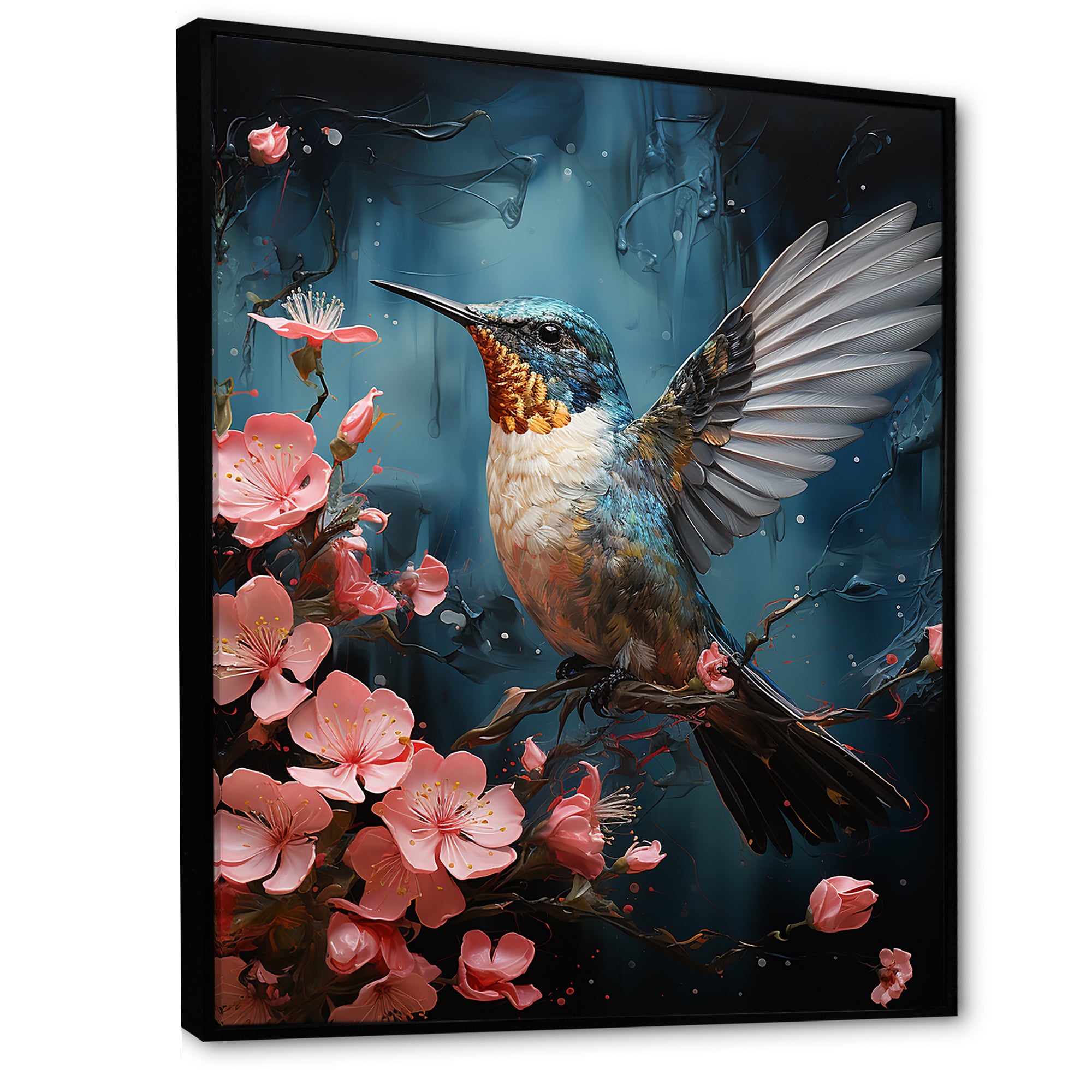 Blue Floral Flight hummingbird - Hummingbird Bedroom Wall Art