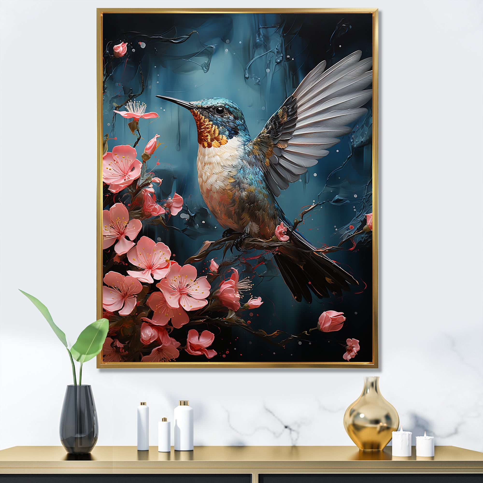 Blue Floral Flight hummingbird - Hummingbird Bedroom Wall Art