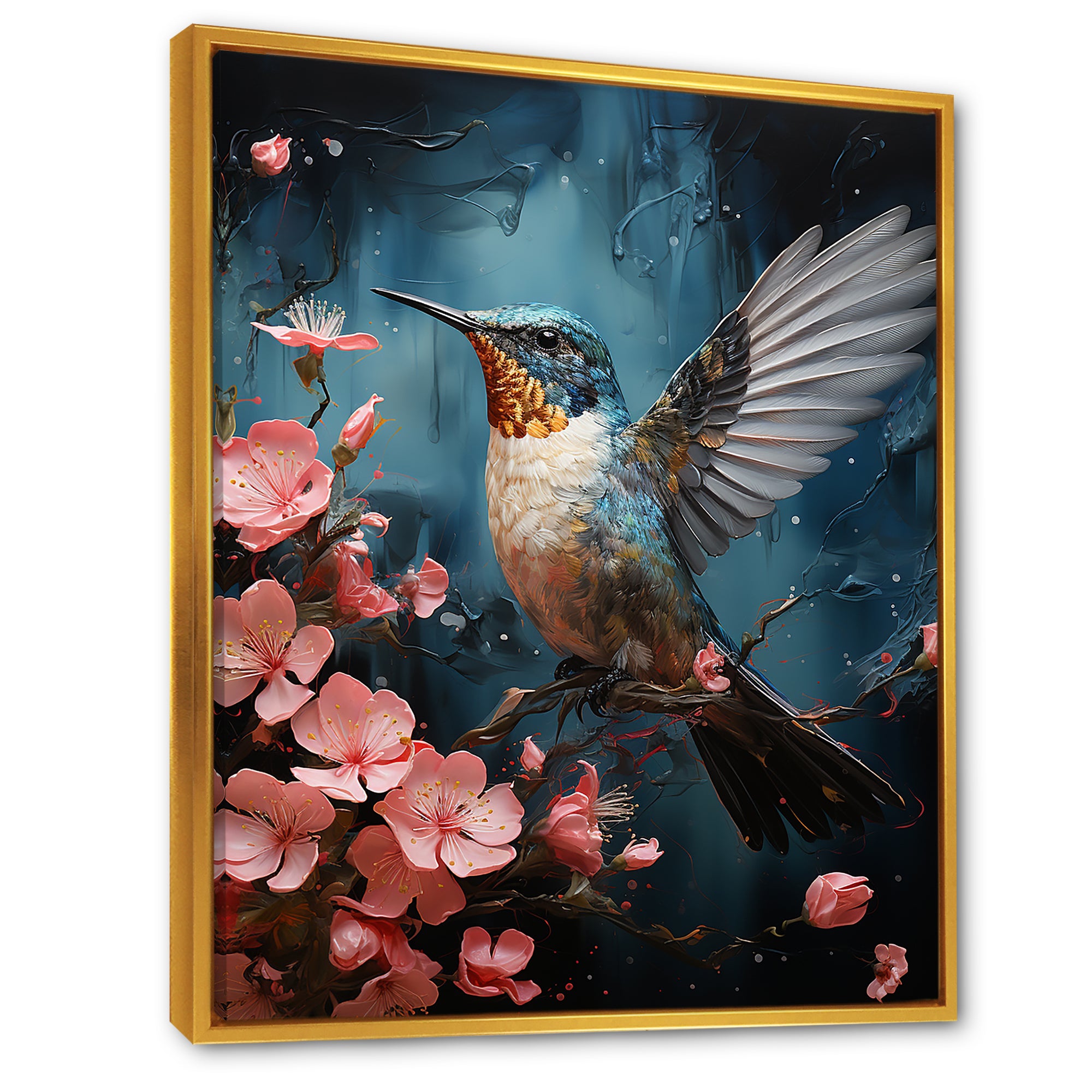 Blue Floral Flight hummingbird - Hummingbird Bedroom Wall Art