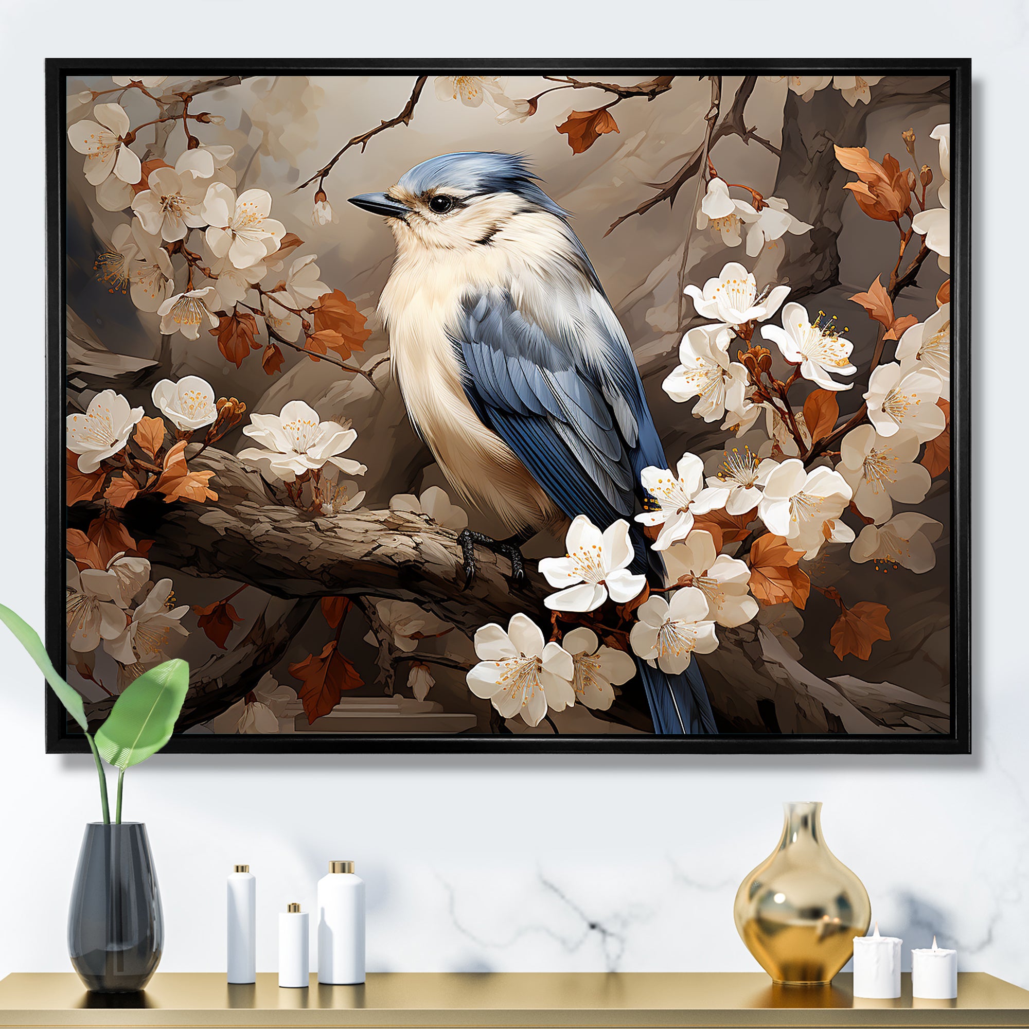 Blue floral Ethereal bird - Bird Canvas Wall Art