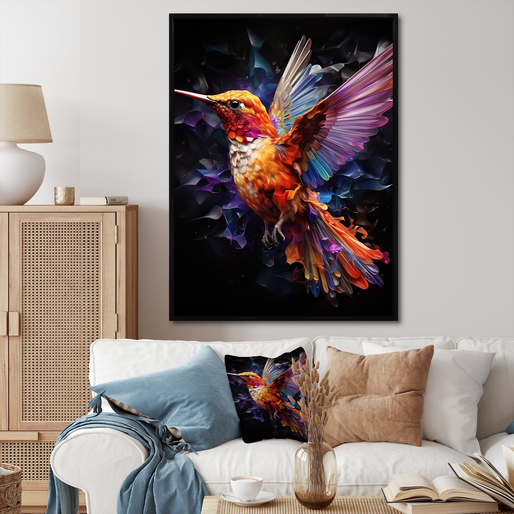 Orange and pink Radiant hummingbird Beauty - Hummingbird Bedroom Wall Art