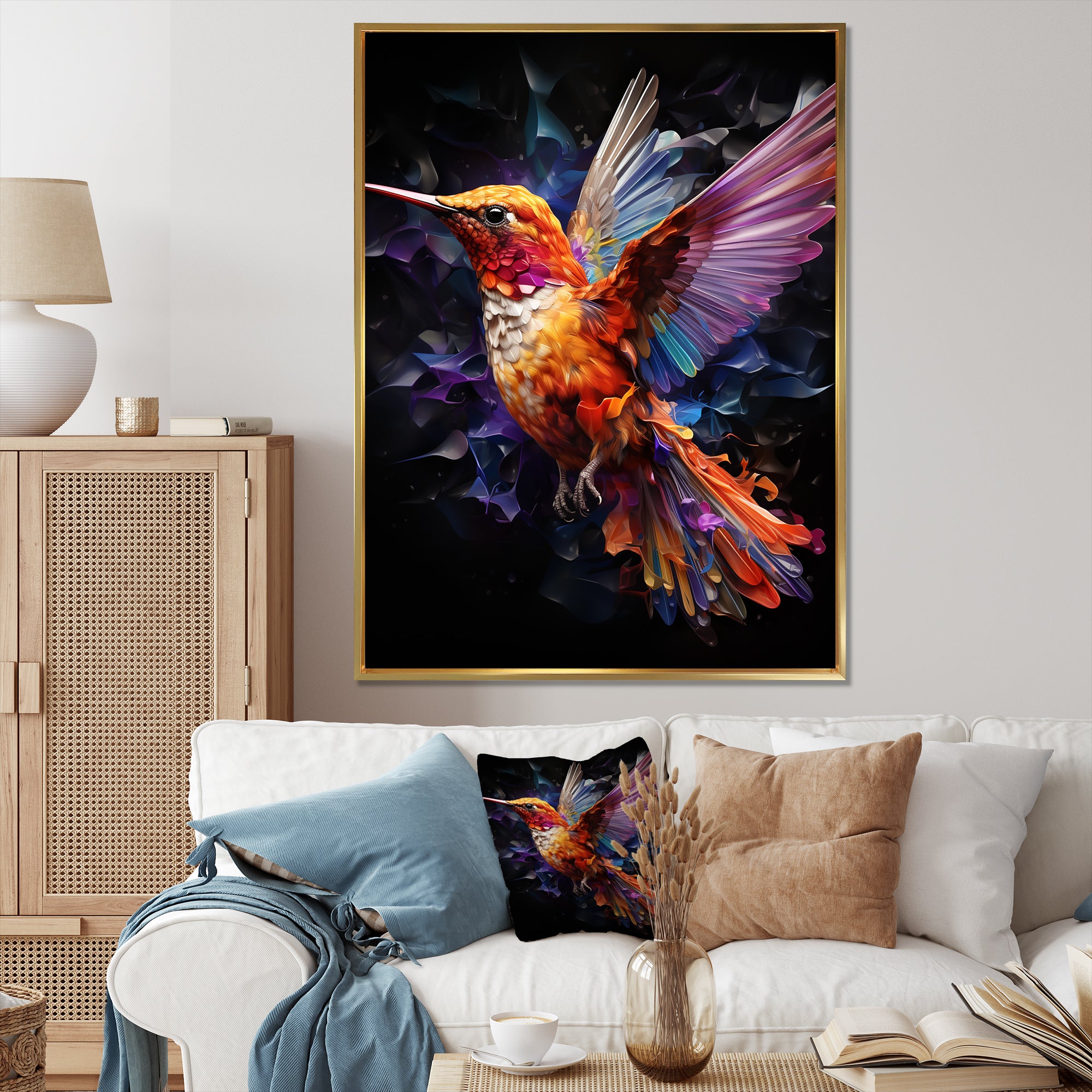 Orange and pink Radiant hummingbird Beauty - Hummingbird Bedroom Wall Art