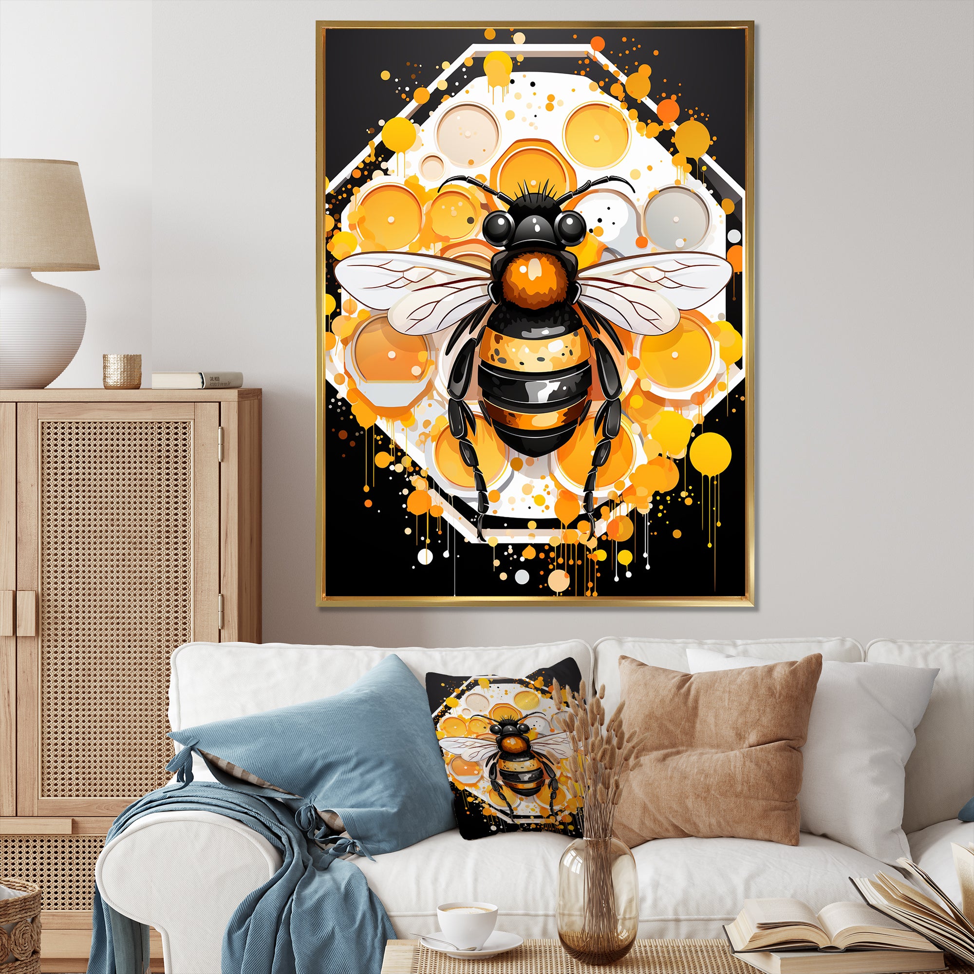 Yellow and black Honey bee - Insects & Bugs Canvas Wall Art