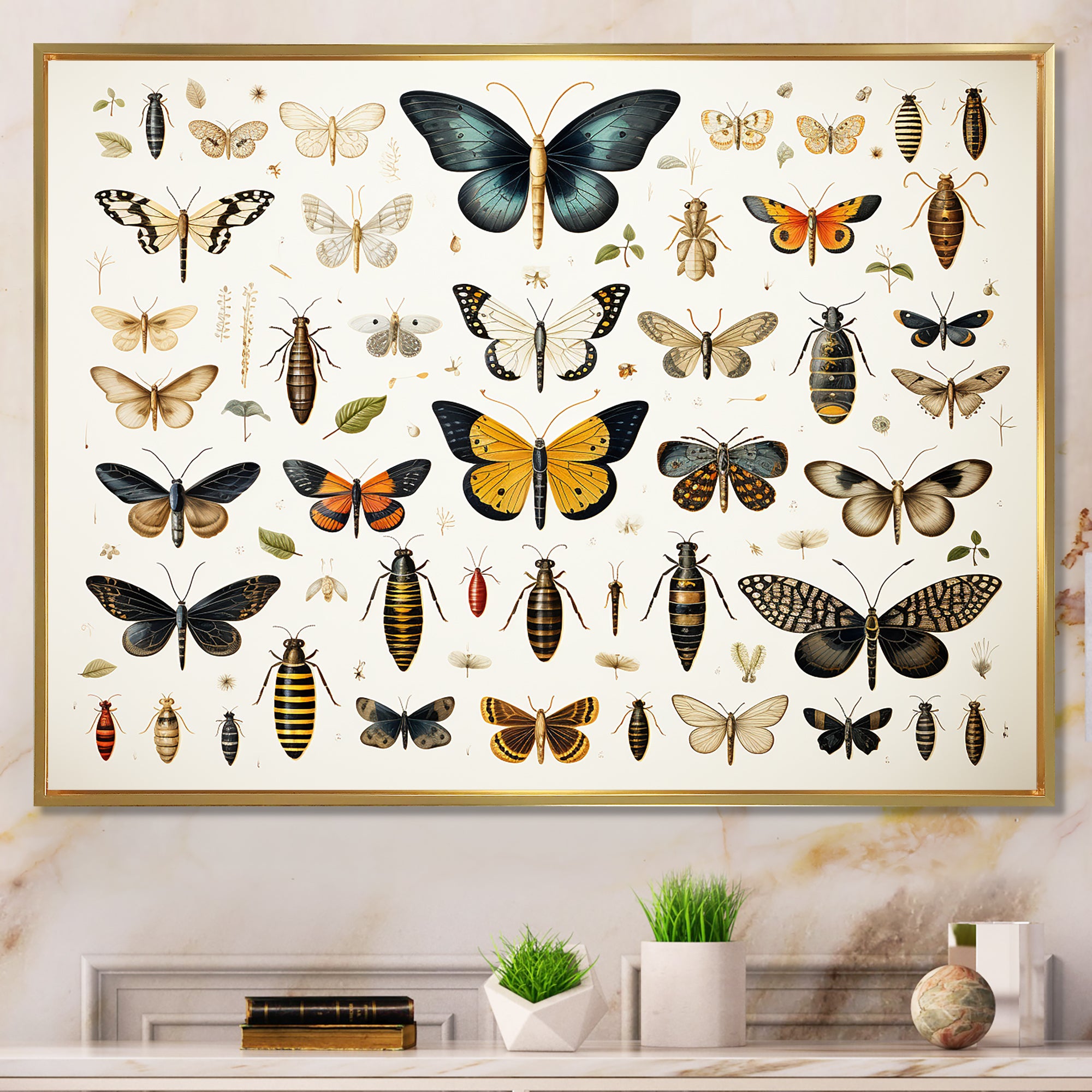 Yellow and blue Insects and Bugs - Insects & Bugs Framed Canvas Art