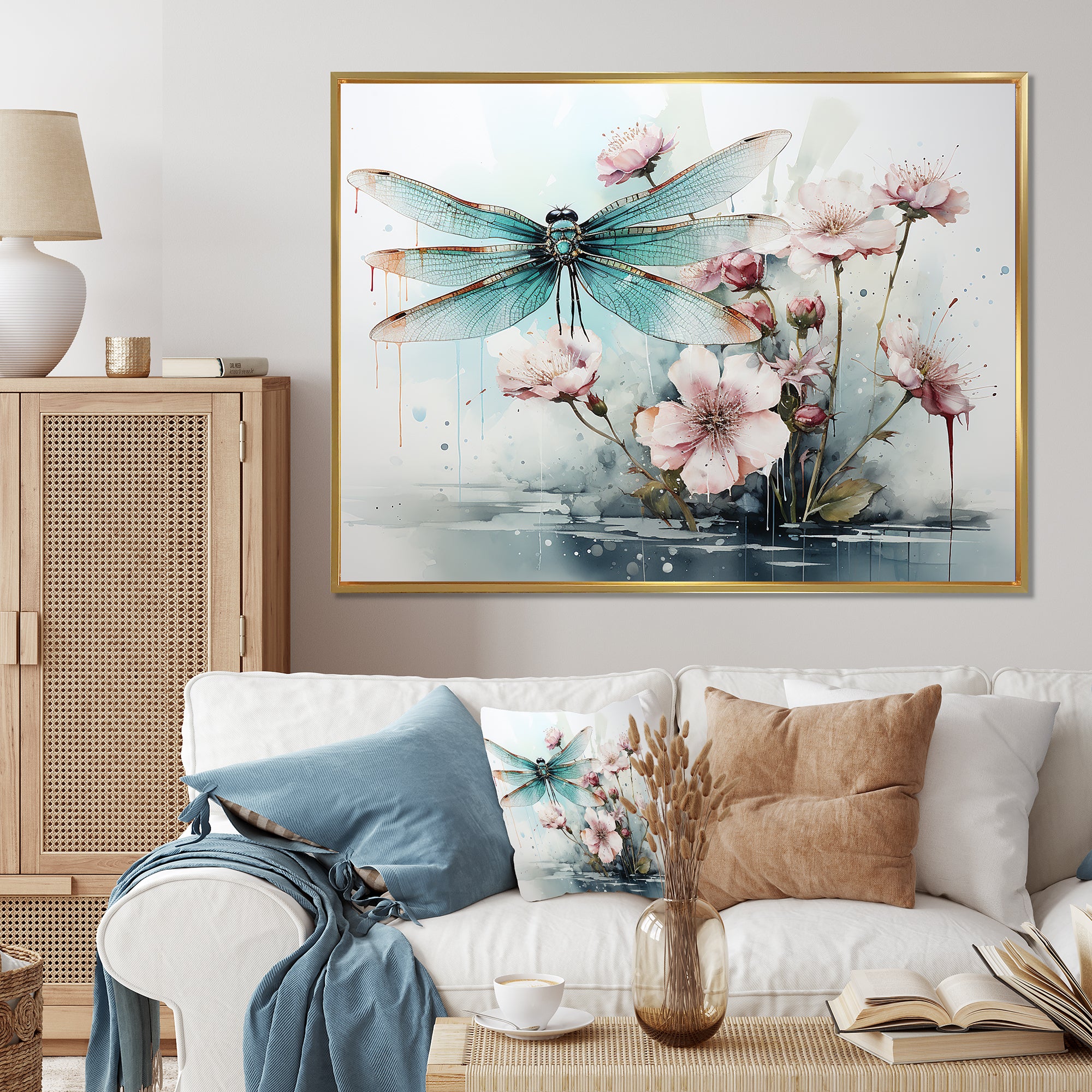 Green and pink flower flying dragonfly by the pond - Insects & Bugs Canvas Wall Art