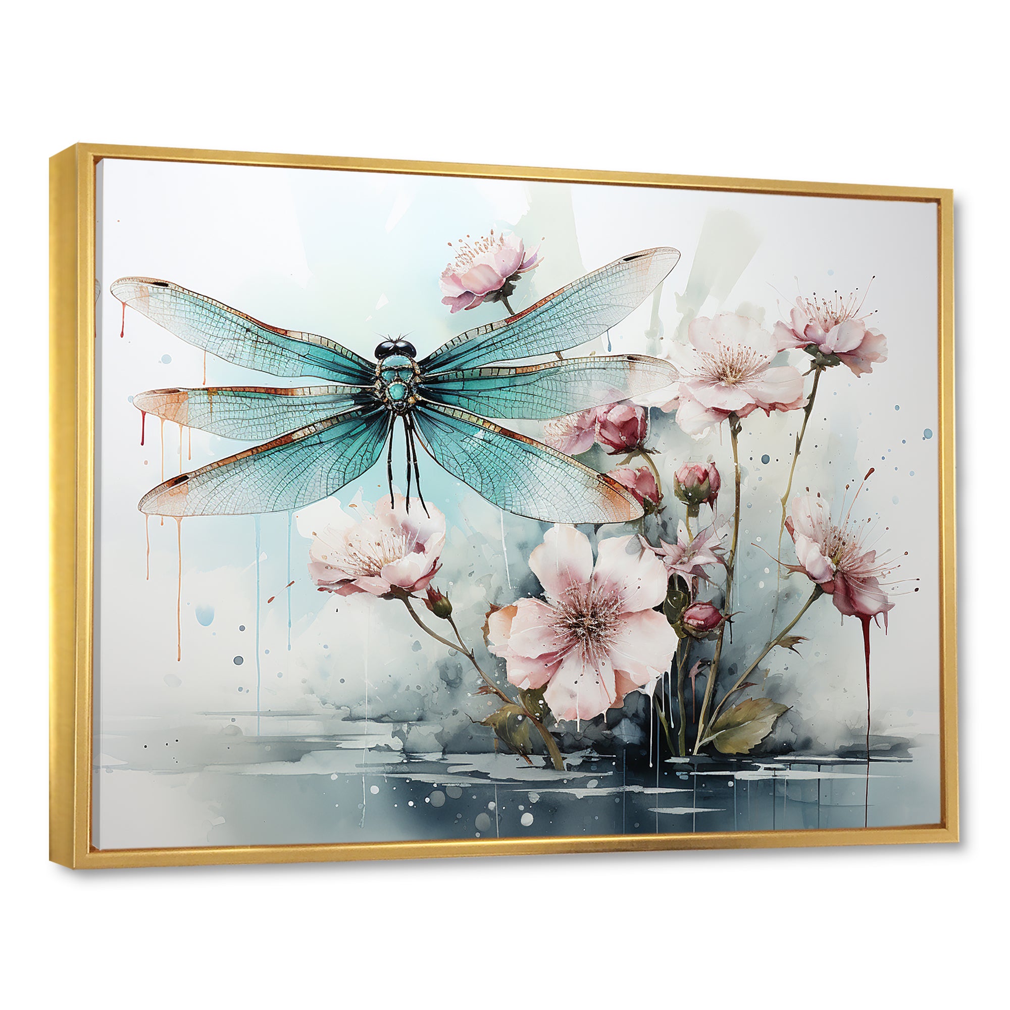 Green and pink flower flying dragonfly by the pond - Insects & Bugs Canvas Wall Art