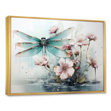 Green and pink flower flying dragonfly by the pond - Insects & Bugs Canvas Wall Art