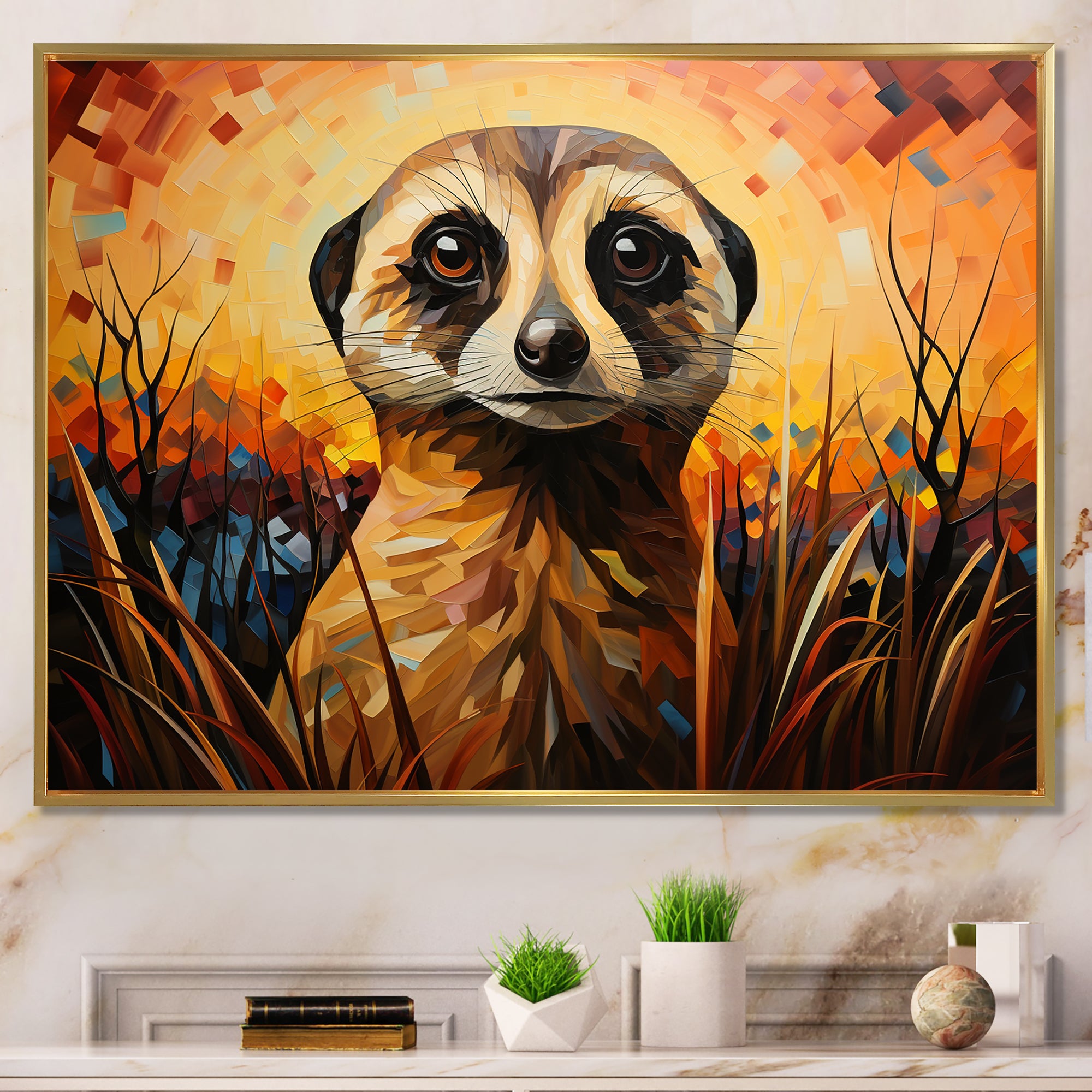 Yellow Meerkat floral meadows - Meercat Framed Canvas Art