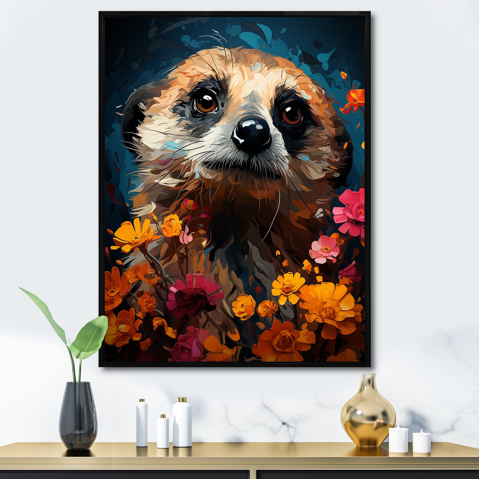 Blue Meerkat floral meadows - Meercat Large Canvas Wall Art