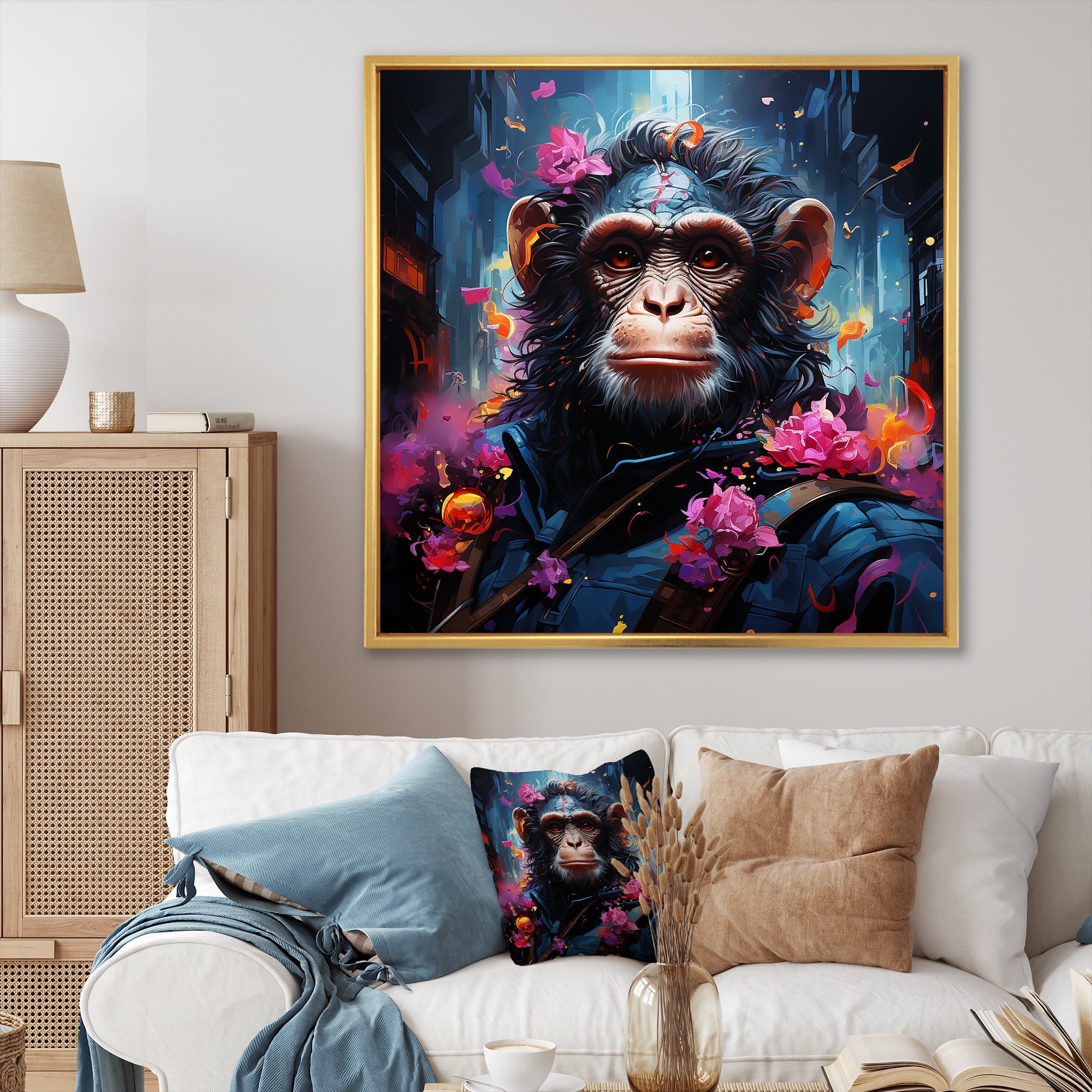 Floral Monkey warrior - Monkey Canvas Wall Art