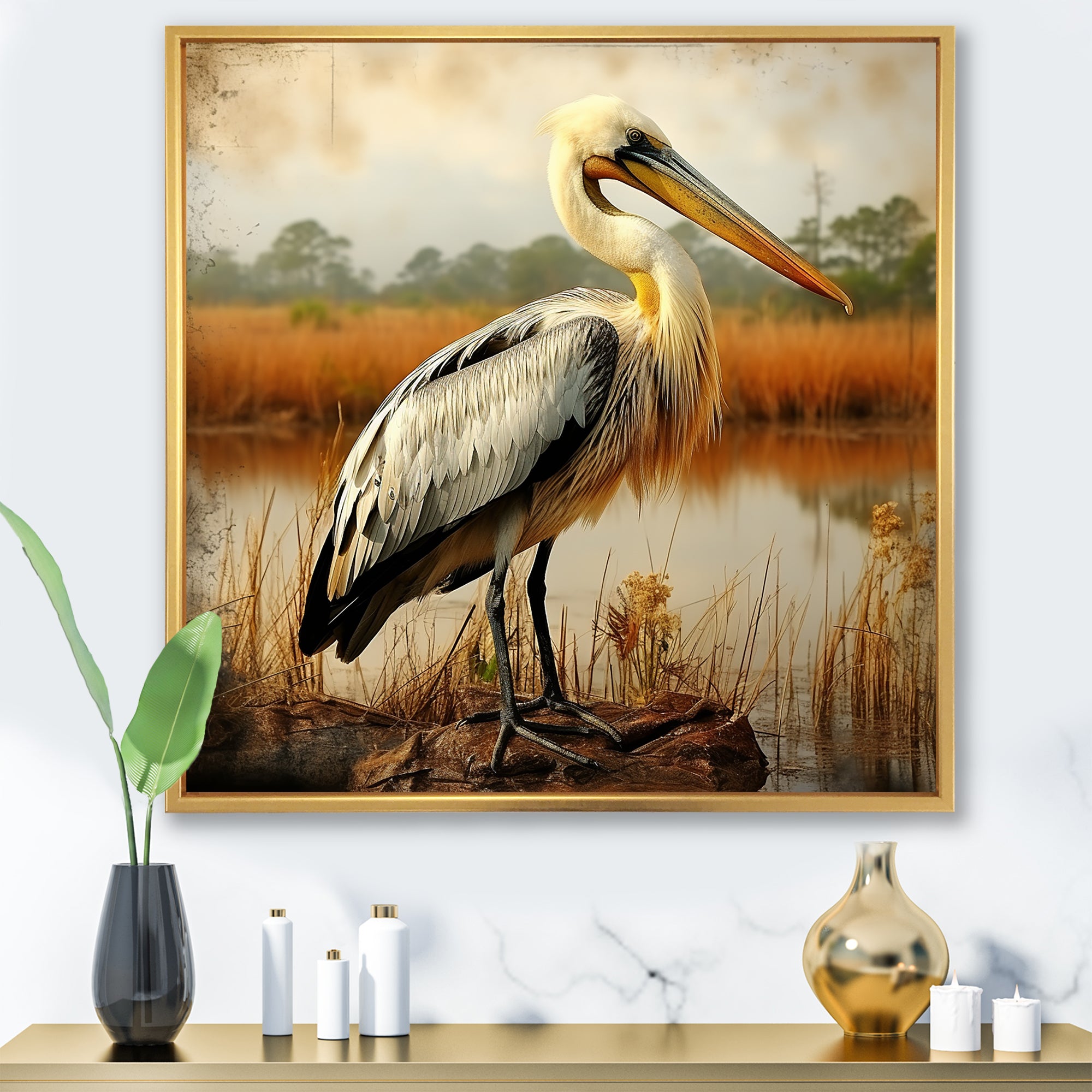Black Pelican by the shore - Pelican Bedroom Wall Art