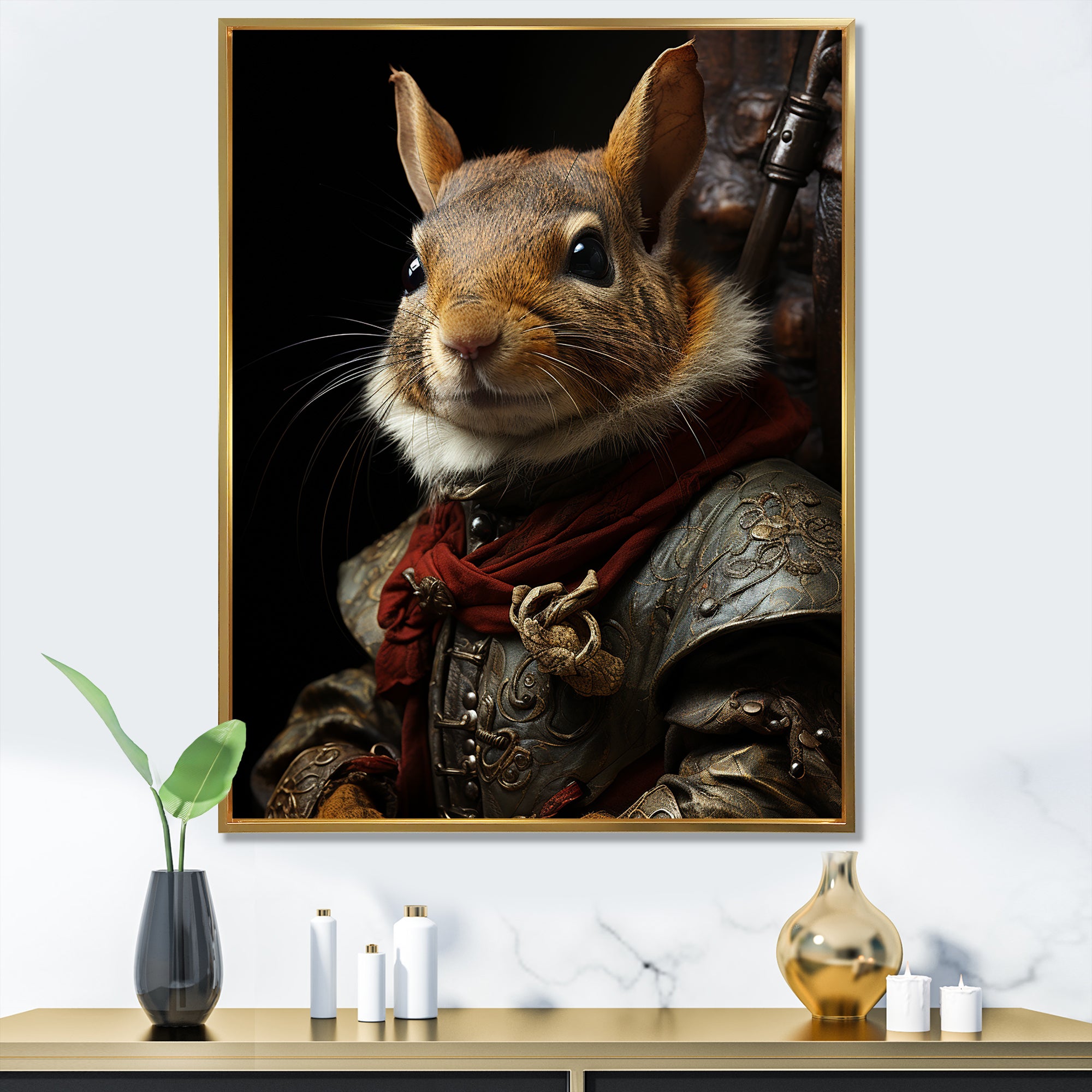 Medieval Squirrel Portrait in Armor - Rodent Framed Canvas Art
