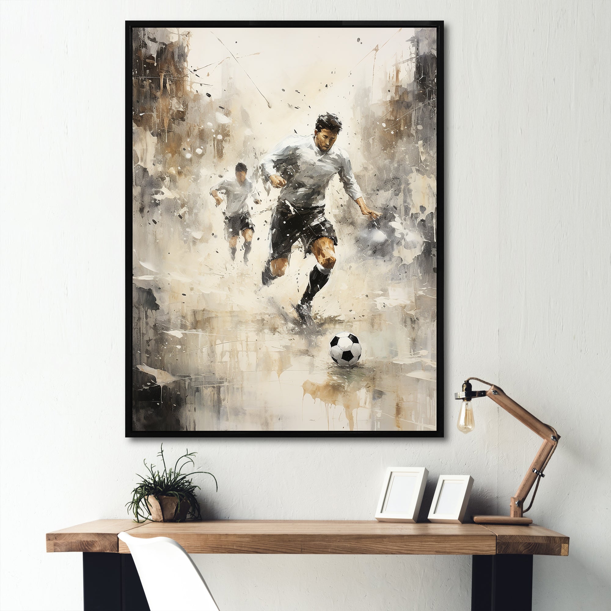 Grey Minimalist Soccer Encounter I - Soccer Canvas Wall Art