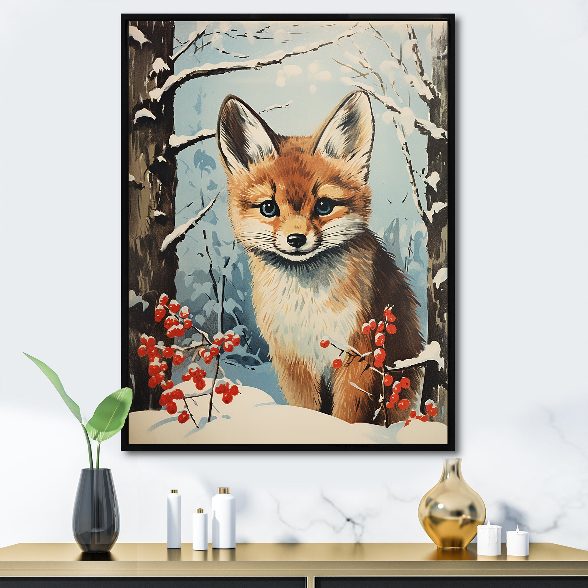 Winter scene cute fox in forest - Fox Framed Canvas Art