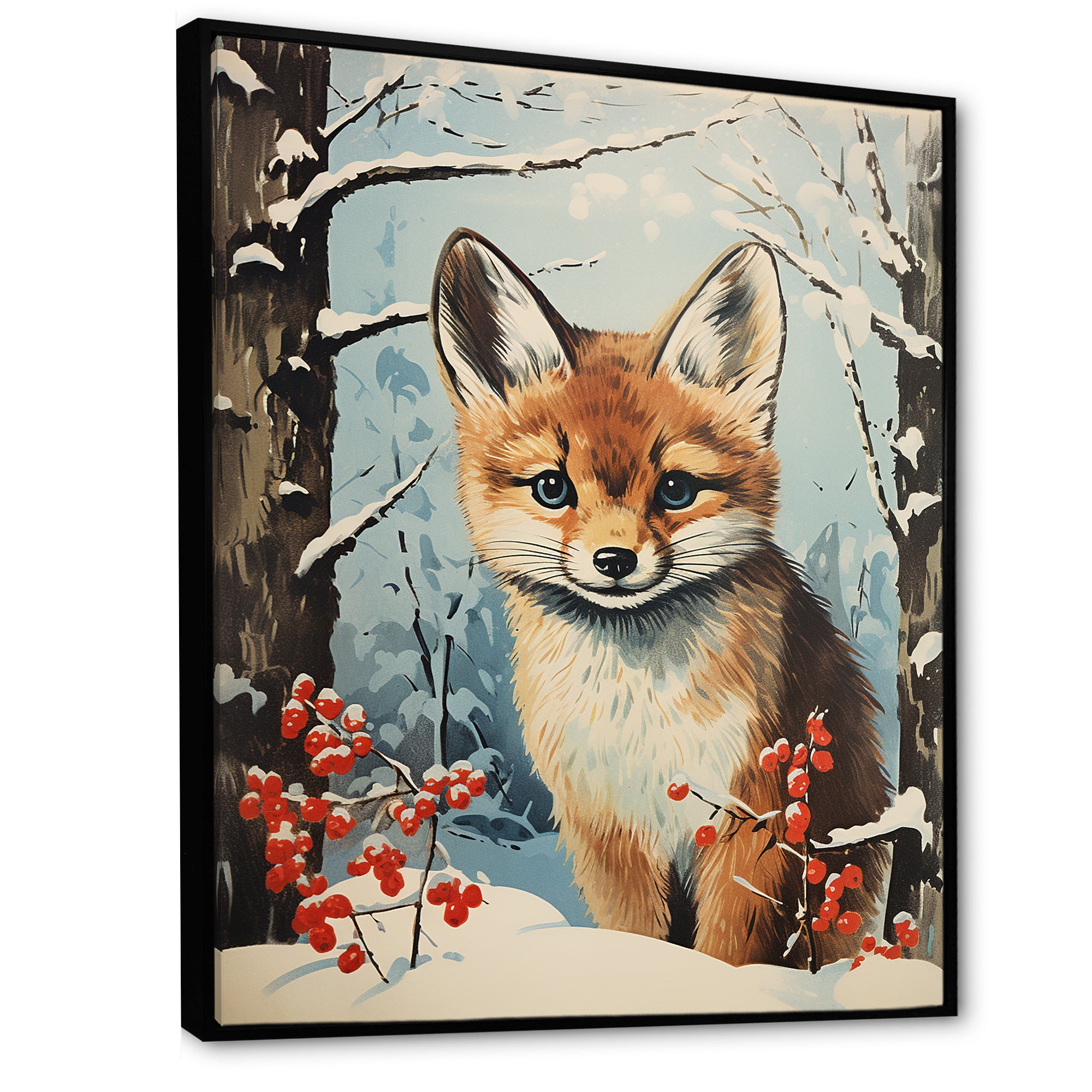 Winter scene cute fox in forest - Fox Framed Canvas Art